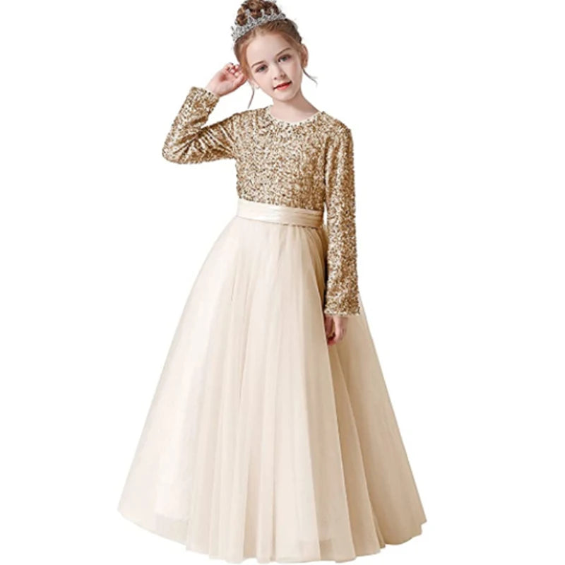 Sparkly Sequins Long Sleeve Flower Girl Dress for Weddings & Special Occasions - Perfect for Birthday Parties, Pageants, and Holiday Celebrations