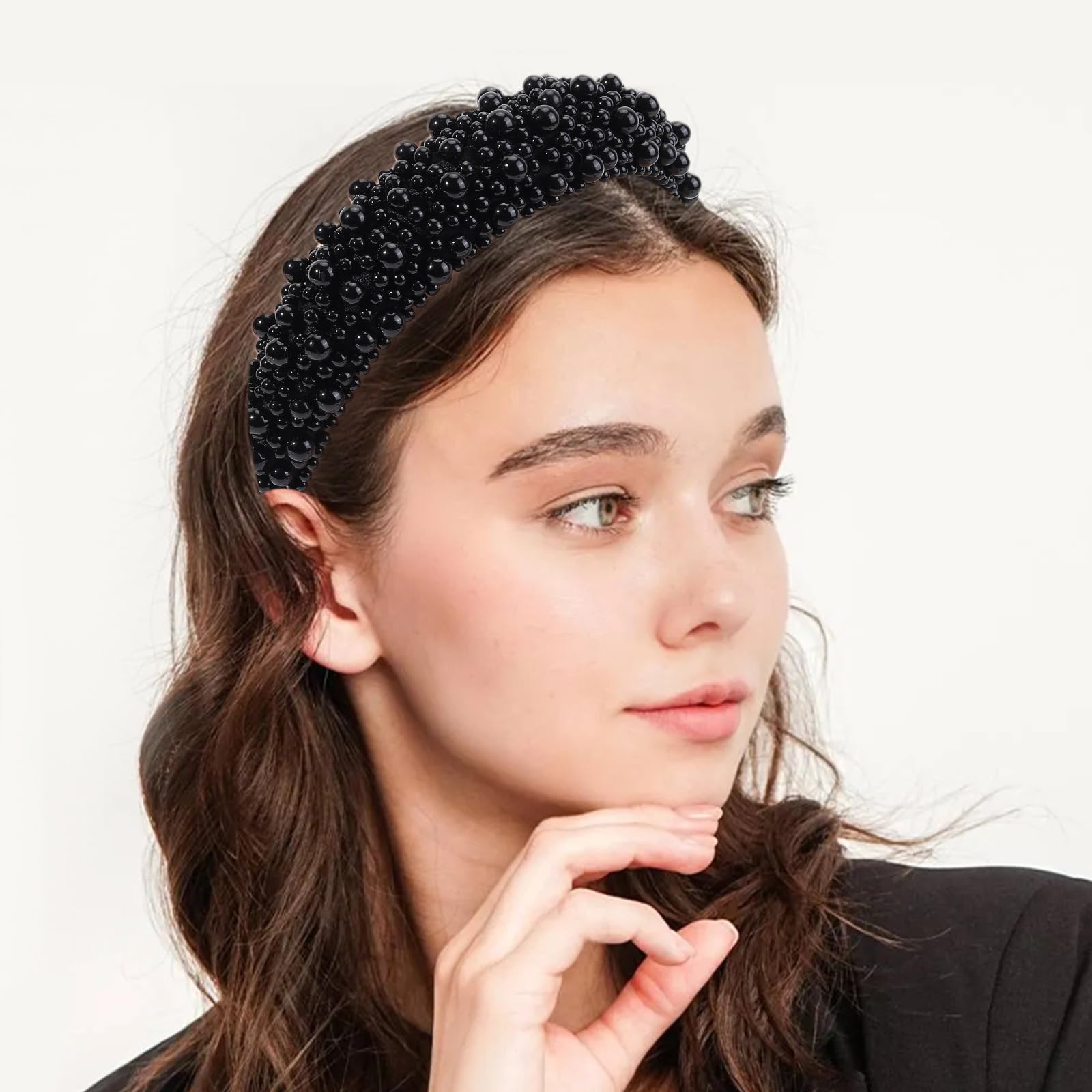 Sparkly Pearl Beaded Headband for Women - Elegant Bridal Wedding Hair Accessories for Women & Girls (Black) | Perfect for Weddings, Prom, Parties & Special Occasions