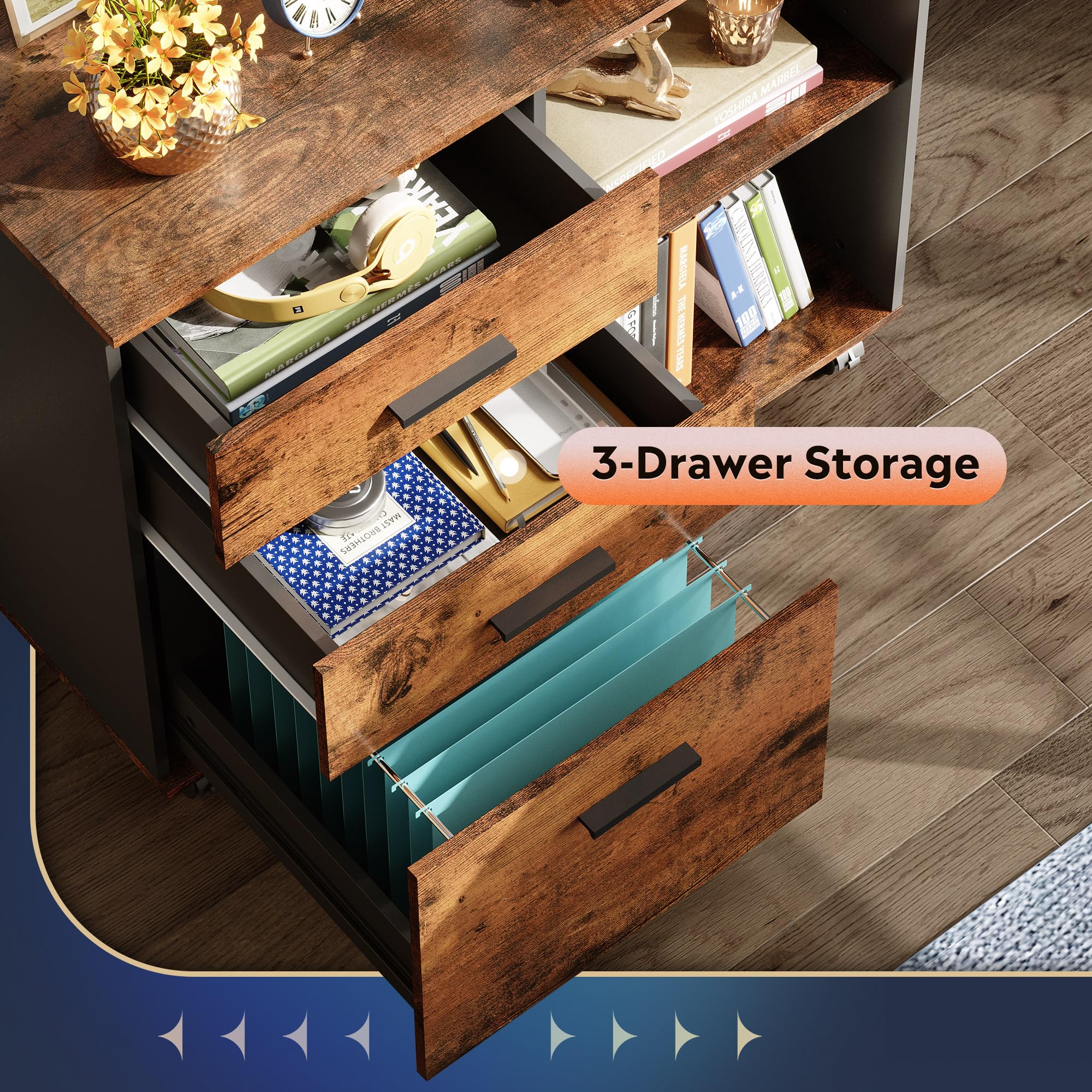 DEVAISE 3-Drawer Mobile File Cabinet - Wooden Lateral Filing Cabinet with Open Shelves, Printer Stand for Home Office - Rustic Brown Storage Organizer for Documents, Supplies & Office Essentials | Perfect for Small Spaces, Home Offices & Workspaces