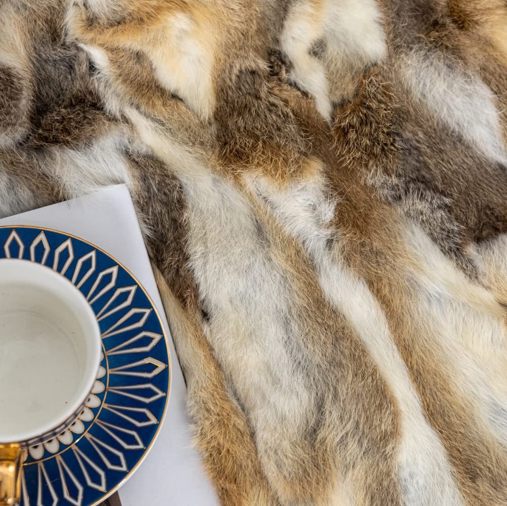 Premium 100% Natural Rabbit Fur Throw Blanket - 22x43 Inches, Luxurious Soft & Durable Tan Bed Cover, Rug, or Carpet Accessory | Perfect for Cozy Winter Nights, Home Decor, and Gift Giving