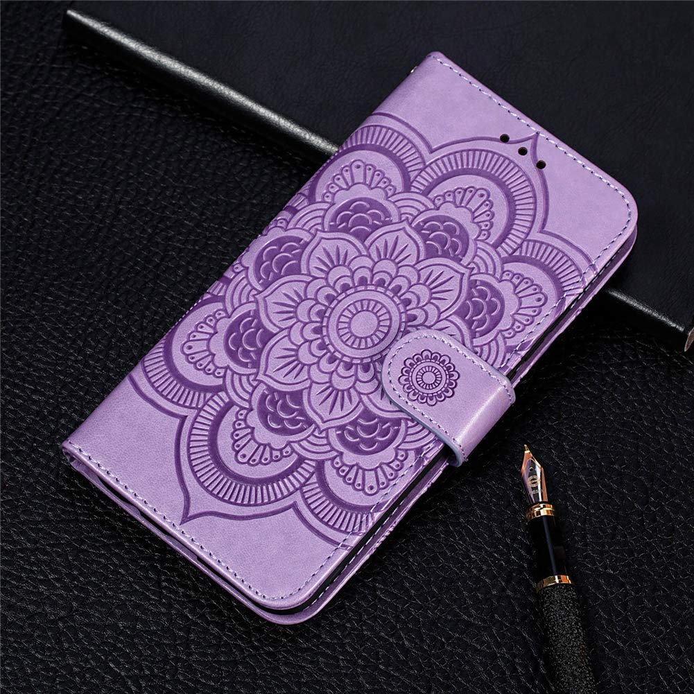 Premium Magnetic Wallet Case for Moto G Play 2021 - PU Leather Flip Cover with Stand & Embossed Mandala Design | Scratchproof Protective Phone Case (Purple) - Perfect for Work, Travel & Daily Use