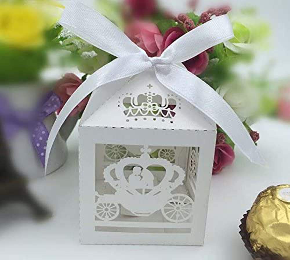 Krismile 50PCS White Laser Cut Cinderella Enchanted Carriage Wedding Favor Boxes - Elegant Pumpkin Carriage Gift & Candy Boxes for Bridal Showers, Baby Showers, and Fairy Tale Themed Parties