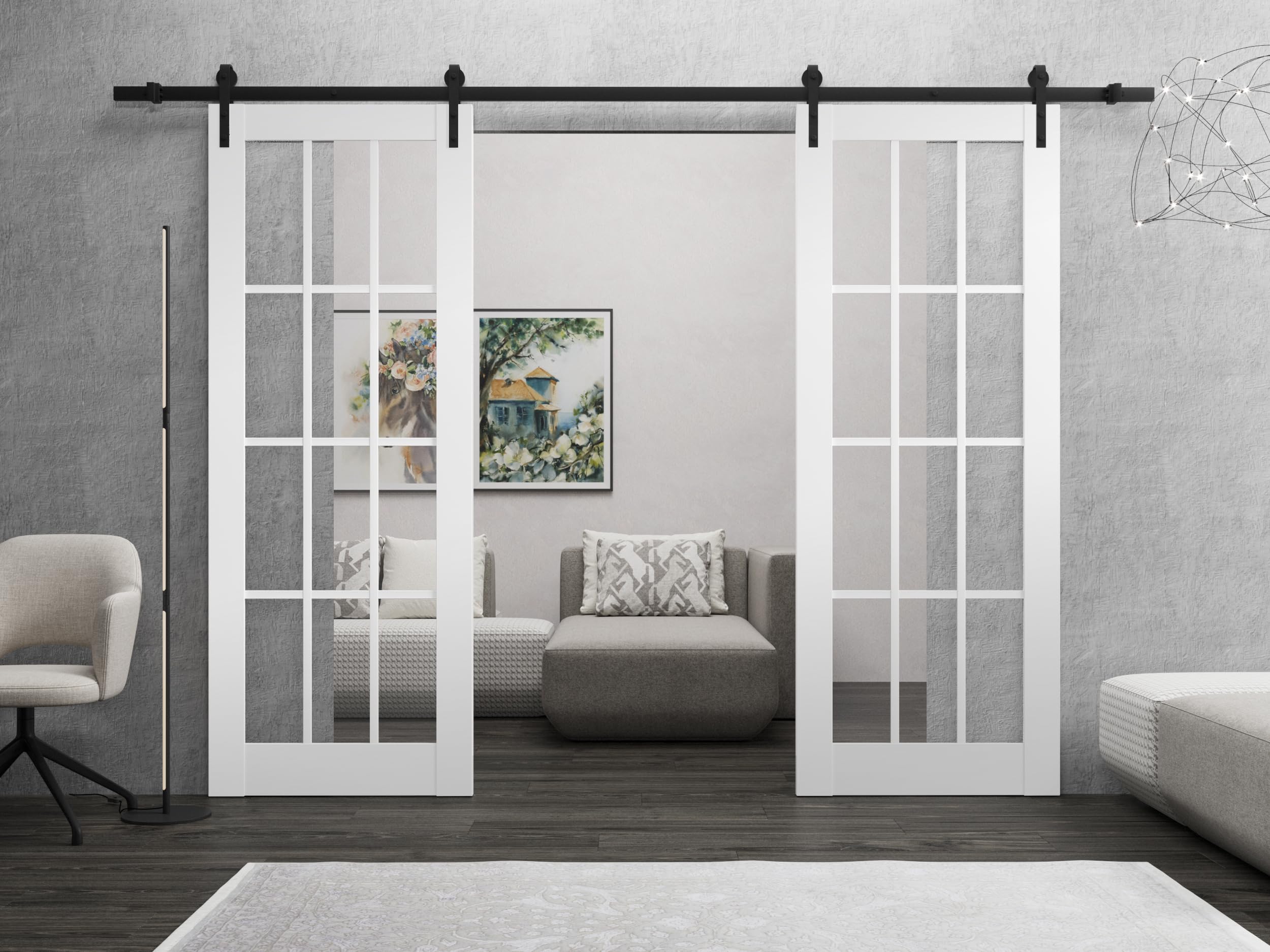 Sturdy Double Barn Door 84 x 80 Inches with Clear Glass 12 Lites - Felicia 3355 Matte White | Top Mount 14FT Rail Hangers Heavy Duty Set | Solid Panel Interior Sliding Doors for Bedroom, Closet & Farmhouse Style Homes