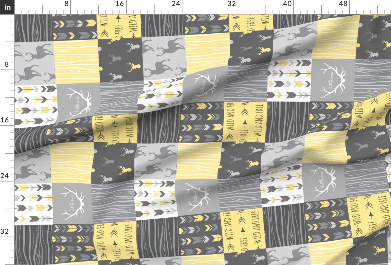 Premium Spoonflower Upholstery Velvet Fabric by The Yard - Patchwork Deer Yellow Rotated Cheater Quilt Design in Gender Neutral Grey | Home Decor, Apparel & Quilting Projects | Perfect for DIY Furniture, Clothing & Crafting