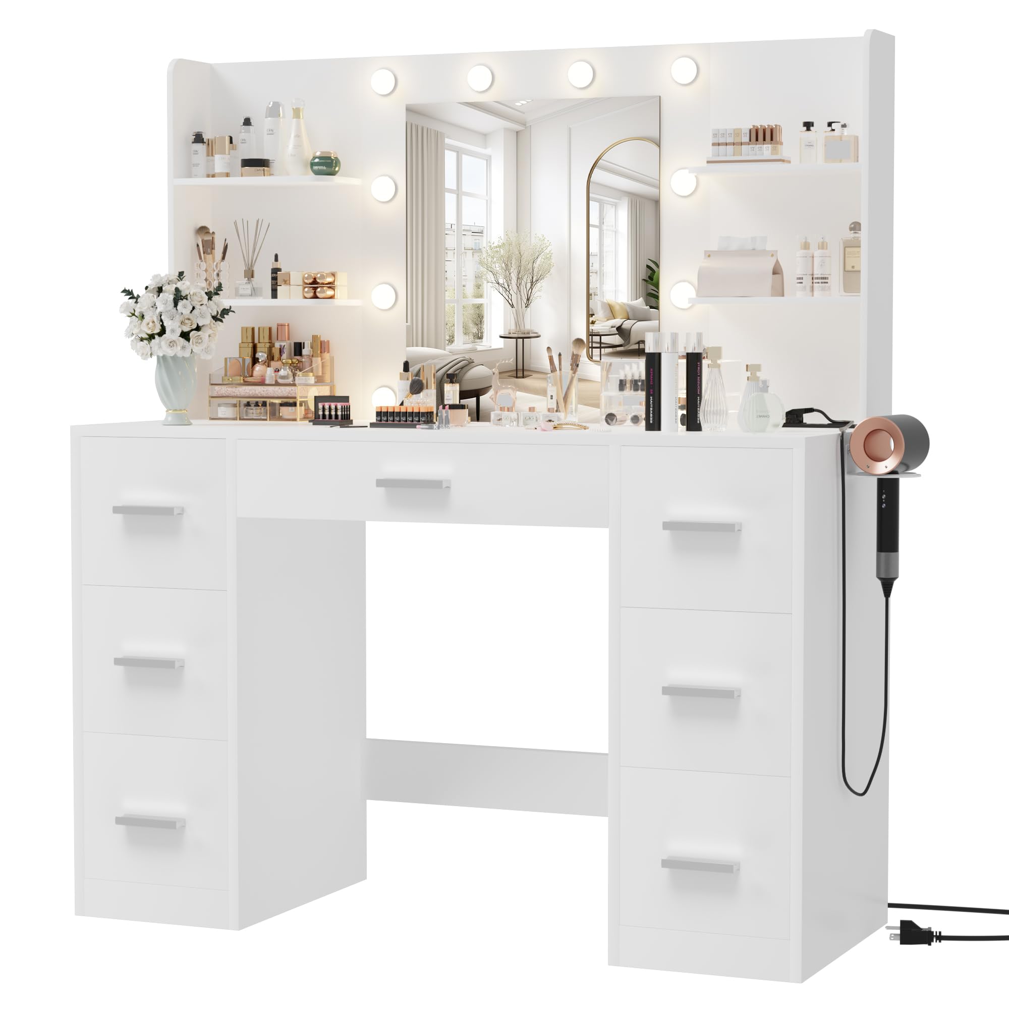 Furmax White Vanity Desk with LED Lights & Power Outlet - 7 Drawers & 6 Storage Shelves Makeup Dressing Table with Mirror for Bedroom, Dressing Room & Home Salon (Perfect for Makeup Application, Jewelry Storage & Home Office)