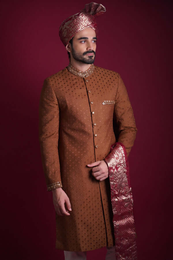Elegant Bronze & Brown Embroidered Sherwani Set for Men | Traditional Indian Wedding Attire | Perfect for Weddings, Festivals & Special Occasions