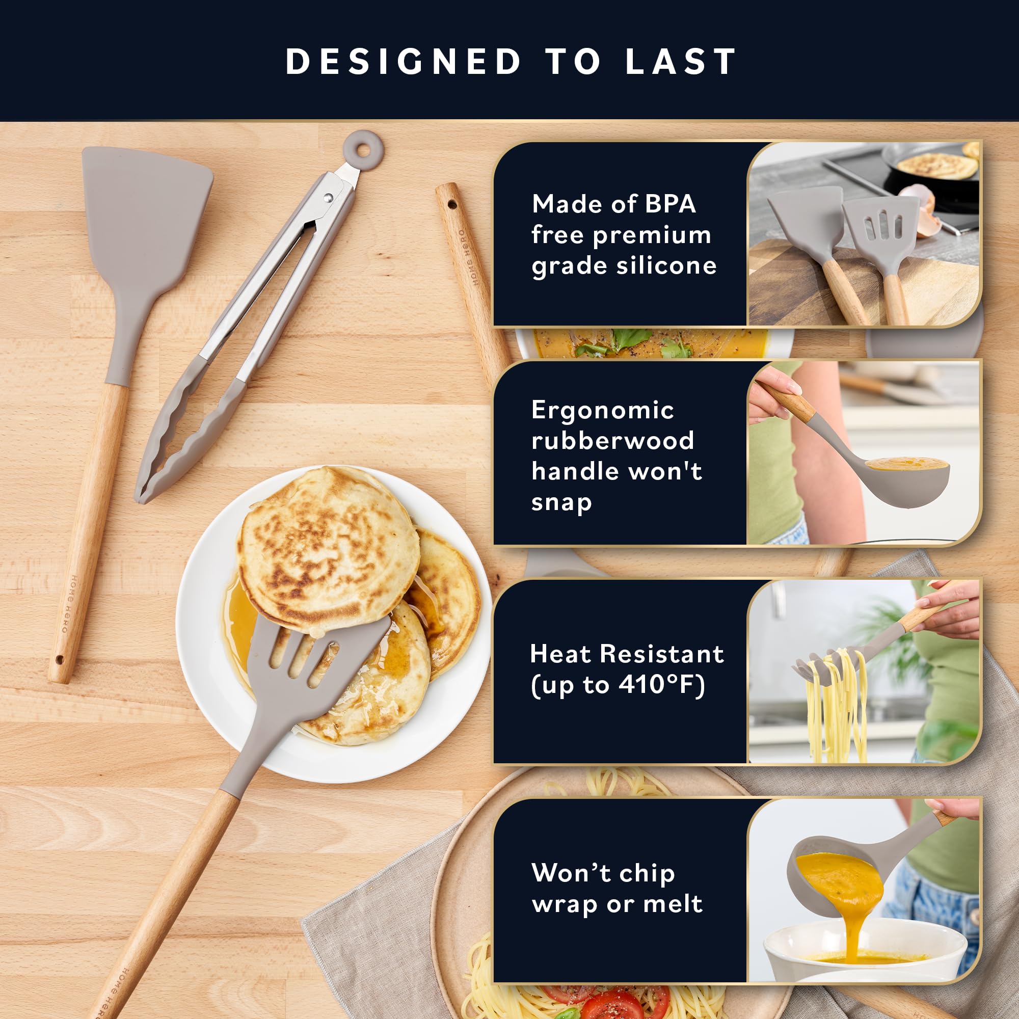 Home Hero 33-Piece Non-Stick Silicone Kitchen Utensil Set with Wooden Handles & Holder - Spatulas, Cooking Tools & Gadgets for Baking, Grilling & Everyday Cooking (Khaki)