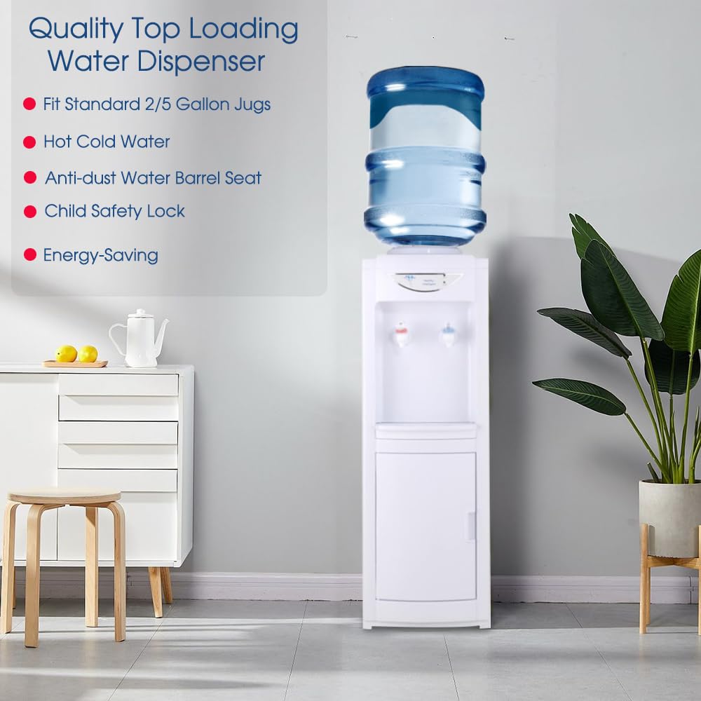 5 Gallon Hot & Cold Top Loading Water Dispenser with Child Safety Lock - Removable Drip Tray & Storage Cabinet - White Water Cooler for Home & Office Use - Perfect for Kitchens, Break Rooms & Waiting Areas