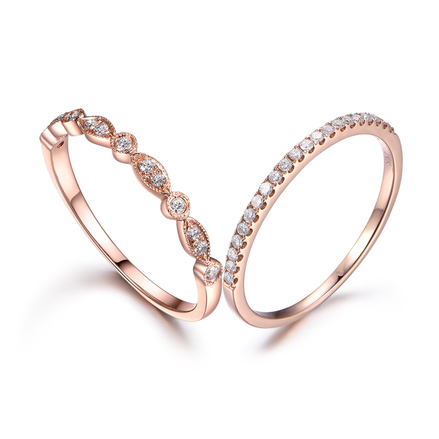 2Pcs 14K Rose Gold Diamond Wedding Rings - Stackable, Milgrain, Art Deco for Anniversary & Bridal Stacking