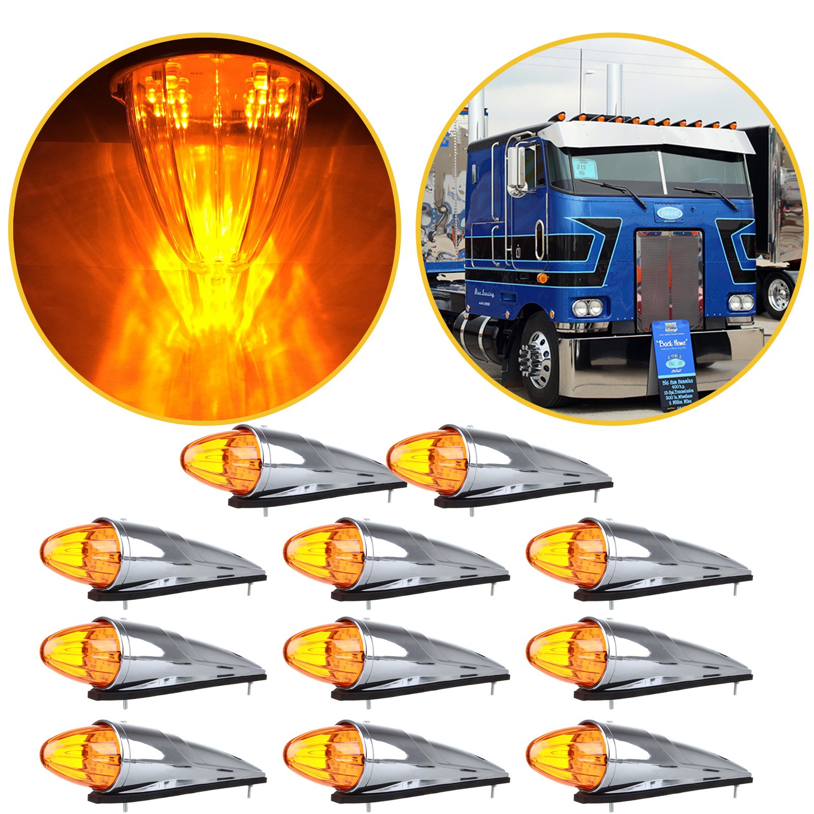 11PCS Amber 17Chrome Torpedo Cab Marker Lights with Clear Lens - Truck Trailer Roof Running Top Lights for Peterbilt, Kenworth, Freightliner, Volvo & Mack | Durable Marker Lights for Enhanced Night Visibility & Road Safety