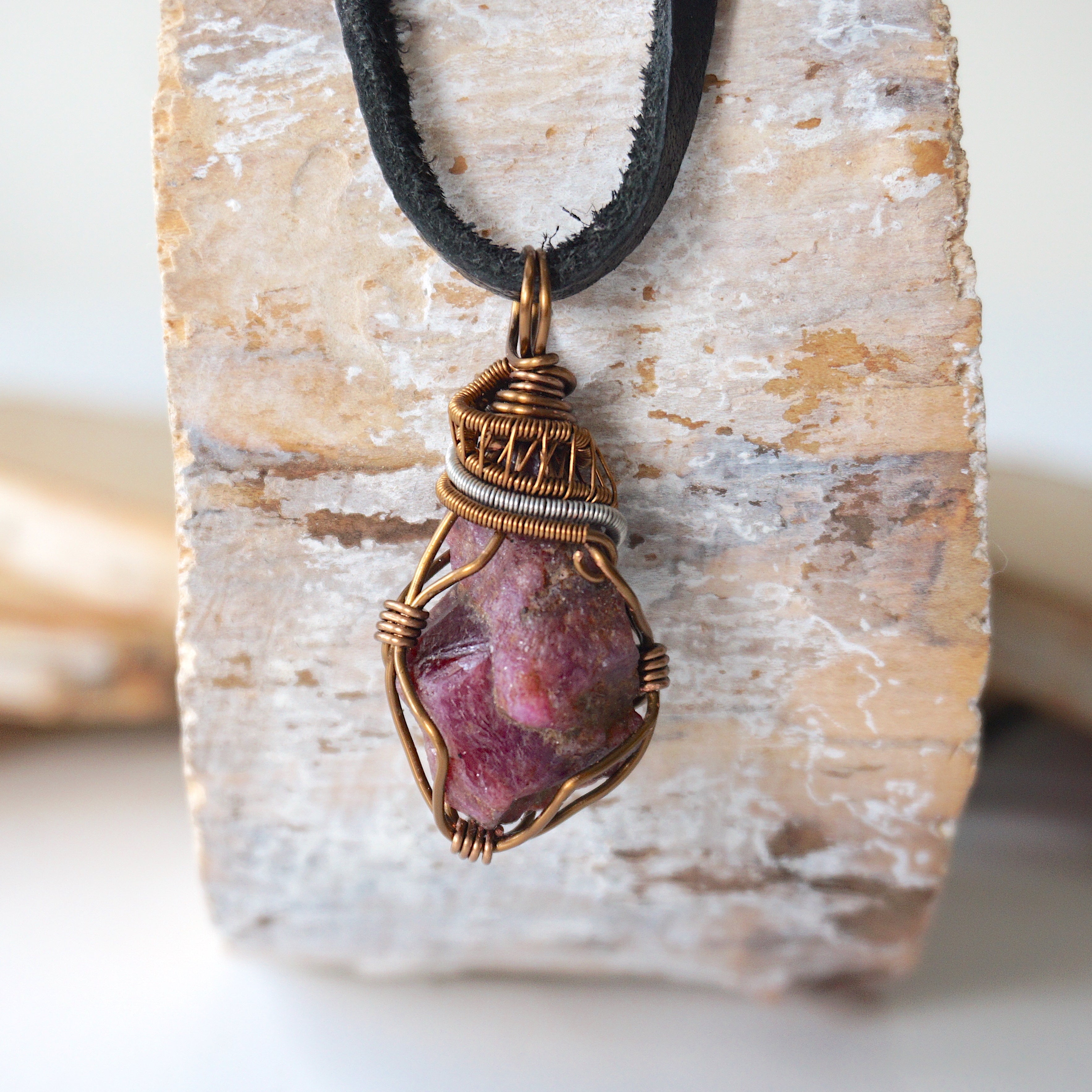 Raw Ruby Necklace in Mixed Wire Antique Bronze - Elegant Bohemian Jewelry for Women, Perfect for Weddings, Parties & Everyday Wear