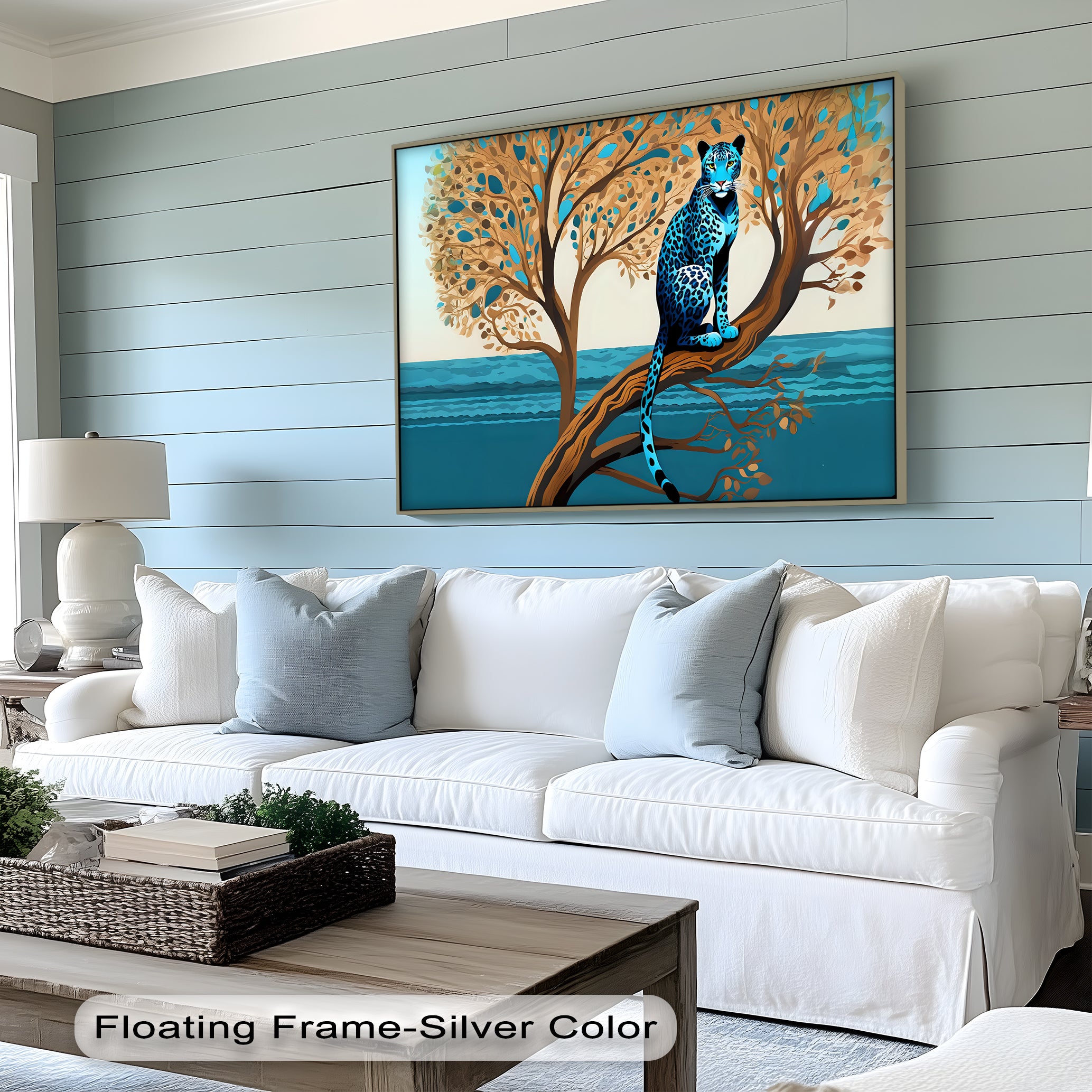 Blue Leopard in Tranquil Tree - Modern Jungle Animal Canvas Wall Art Print for Living Room, Bedroom & Office Decor