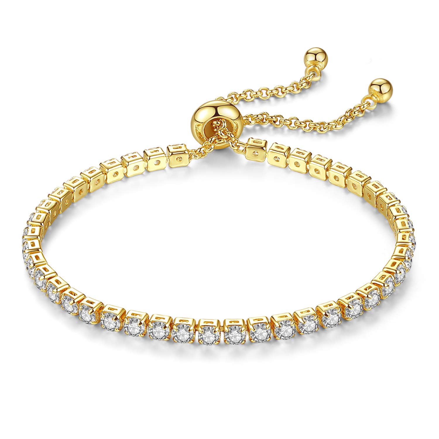 FINELOVE Women's Adjustable Tennis Bracelet - 14K Gold/White Gold Plated Clear Square Shiny Crystal Bracelet, Cubic Zirconia Adjustable Jewelry for Women | Perfect for Weddings, Parties & Everyday Elegance