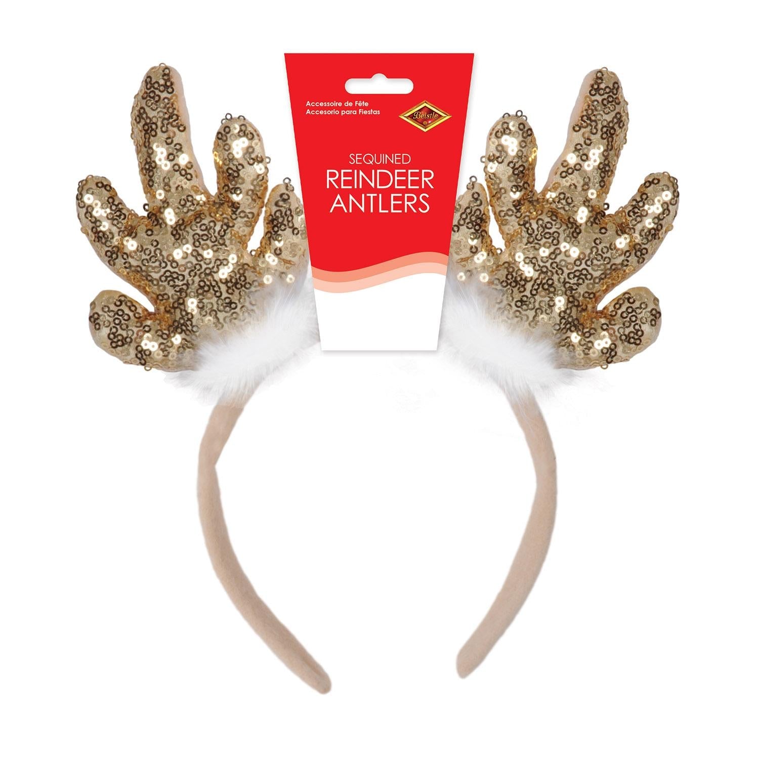 12 Pack Beistle Christmas Sequined Reindeer Antlers Headbands - Festive Holiday Party Accessories for Women, Men, Kids - Perfect for Christmas Parties, Office Celebrations & Family Gatherings