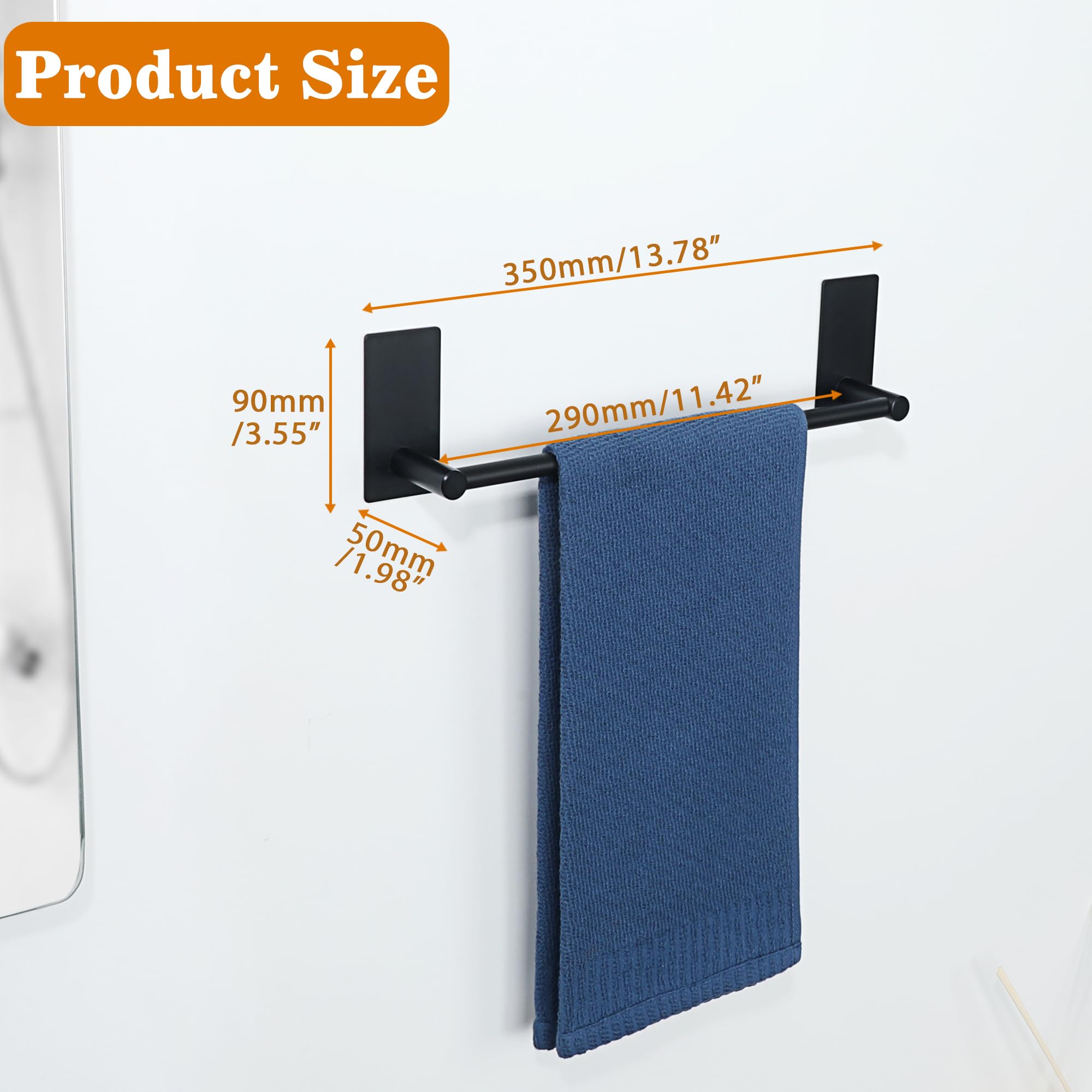 12 Inch No Drill Adhesive Towel Rack - SUS 304 Stainless Steel Bathroom Towel Bar with Strong Adhesion, Rustproof Matte Black Towel Holder for Bath, Kitchen, and Laundry Room Organization