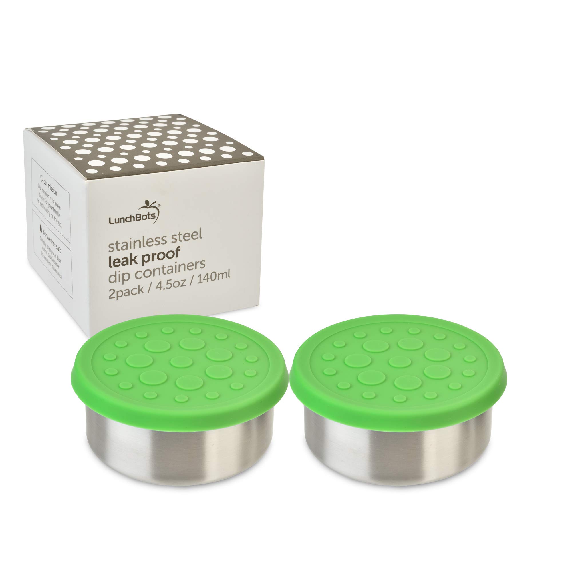 LunchBots 4.5 oz Stainless Steel Condiment Containers with Silicone Lid - Perfect for Salad Dressings, Dips, Sauces & Snacks | Leak-Proof, Bento Box & Lunch Bag Friendly | Eco-Friendly Food Storage Set of 2 (Green) | Ideal for Picnics, Office Lunches & Kids Meals