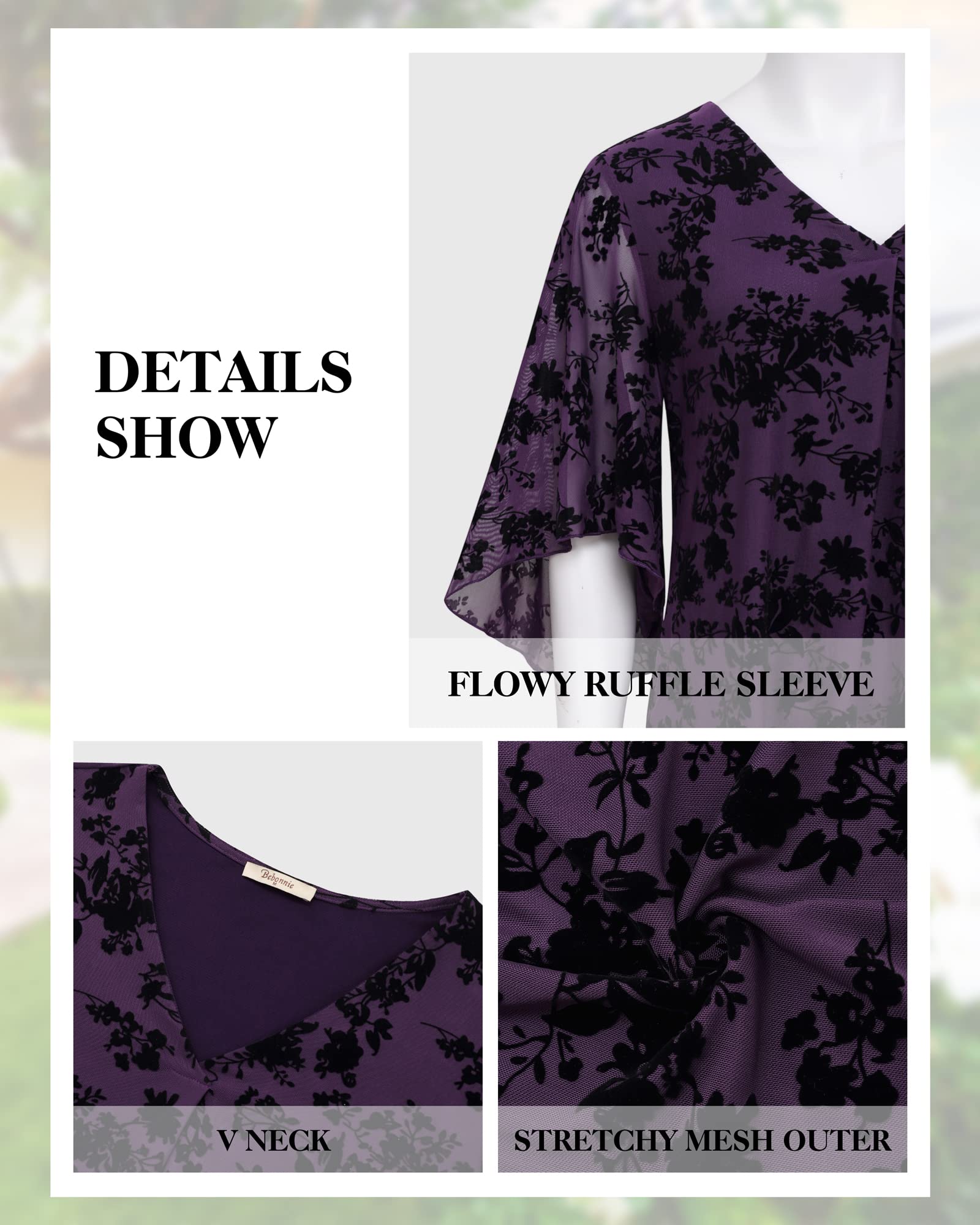 Bebonnie Women's Floral Mesh Bell Sleeve V-Neck Blouse - Elegant Flowy Dressy Top for Party, Date Night & Office Wear