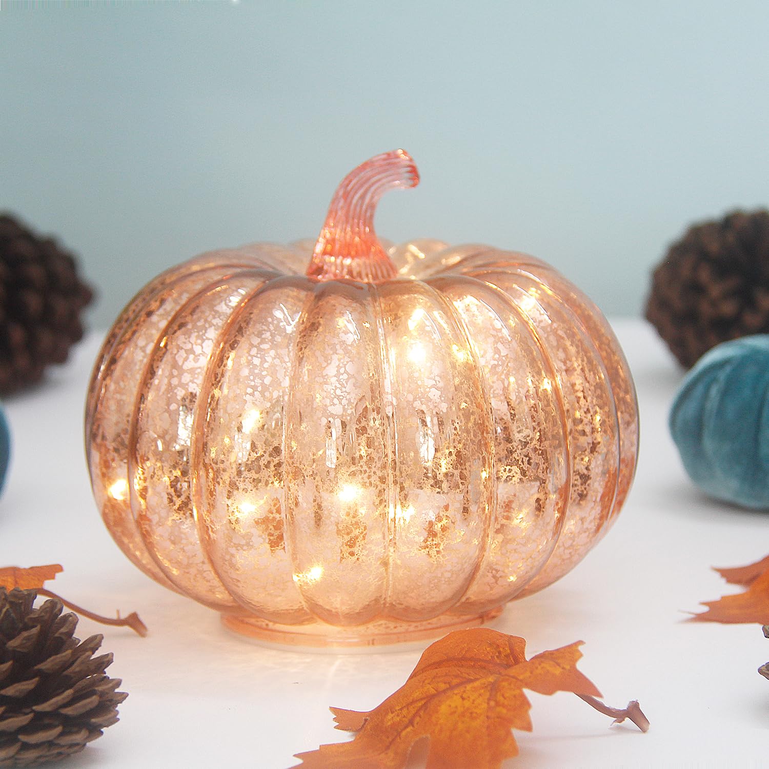 Mercury Glass Pumpkin Light with Timer - Battery Operated LED Pumpkin with 10 Warm White Fairy Lights Inside | Perfect for Halloween Decorations, Fall Centerpiece, Thanksgiving Table Decor, Christmas Home Decor & Rustic Wedding Accents (Rose Gold)