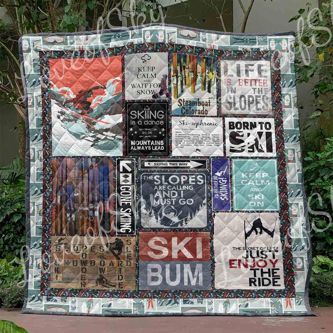 Premium All-Season Ski Bum Quilt - Keep Calm & Wait for Snow Cotton Comforter - King/Queen/Twin Sizes - Perfect for Ski Lodges, Beach Trips & Cozy Winter Gifts
