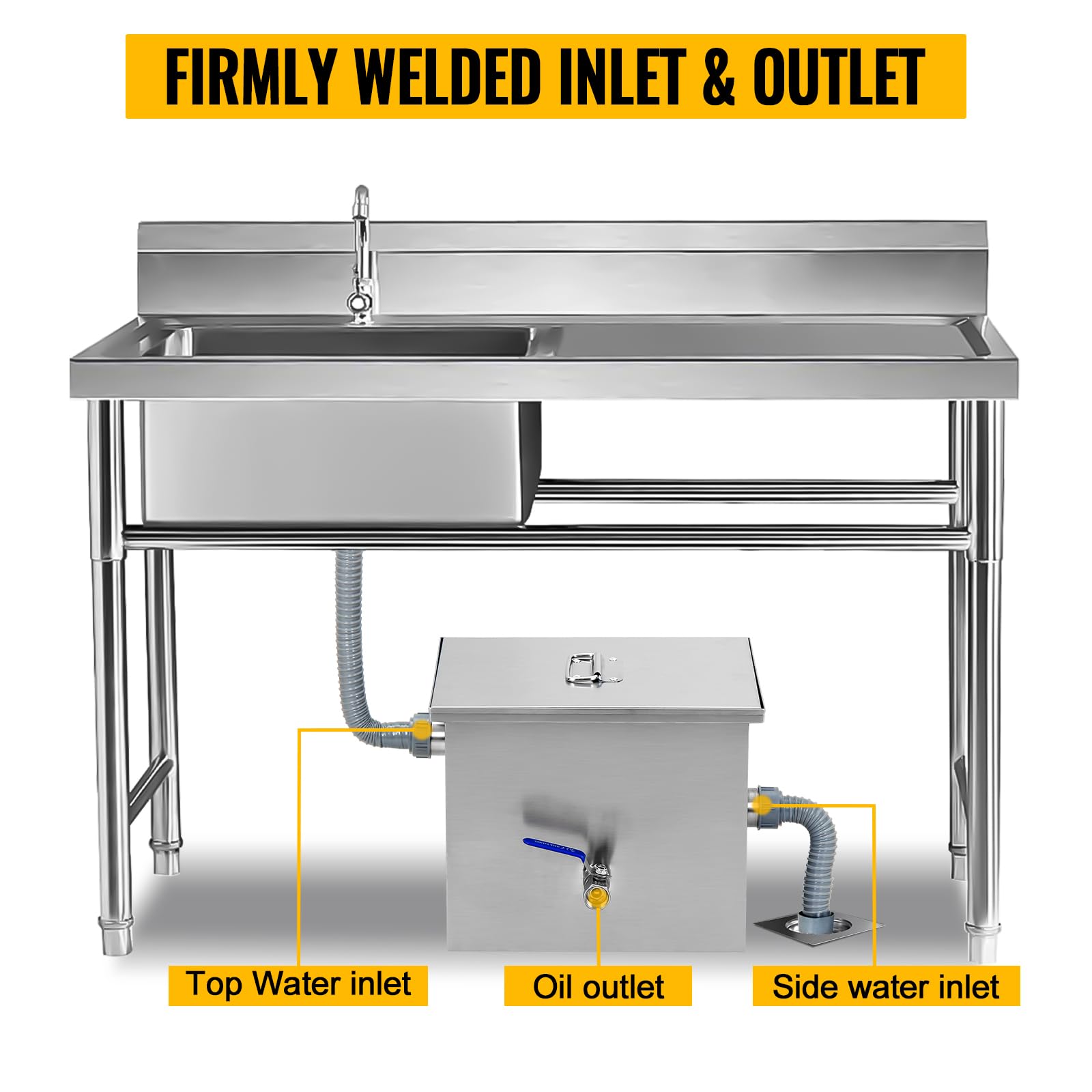 25LB Commercial Stainless Steel Grease Interceptor - Under Sink Kitchen Grease Trap with Side Water Inlet | Oil-Water Separator for Restaurants, Food Trucks & Commercial Kitchens