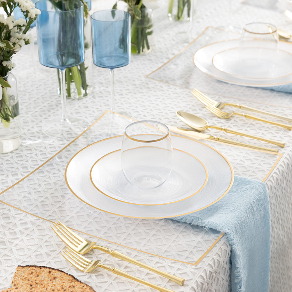 32-Piece Pearl & Gold Plastic Dinnerware Set - Elegant Crystal Design for 16 Guests - Perfect for Weddings, Parties, and Formal Events