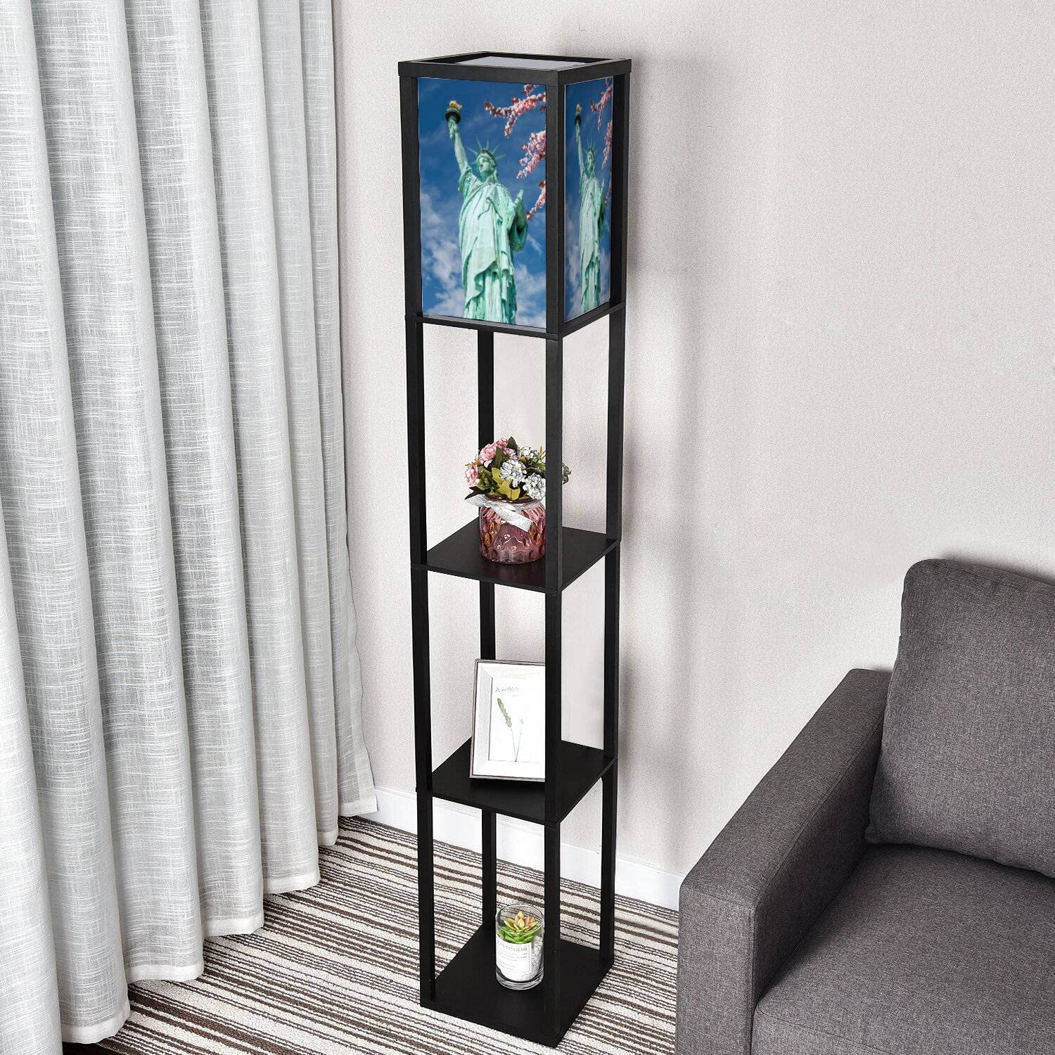 Statue of Liberty Corner Floor Lamp with Shelves - 3 Color Temperature LED Standing Lamp with Linen Shade for Living Room, Bedroom, Office - Modern Lighting for Home Decor & Reading