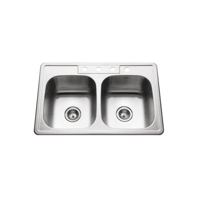 Houzer Glowtone Series 33 Stainless Steel Drop-in Topmount 4-Hole Double Bowl Kitchen Sink with Drainboard - Perfect for Modern Kitchens & Busy Home Chefs