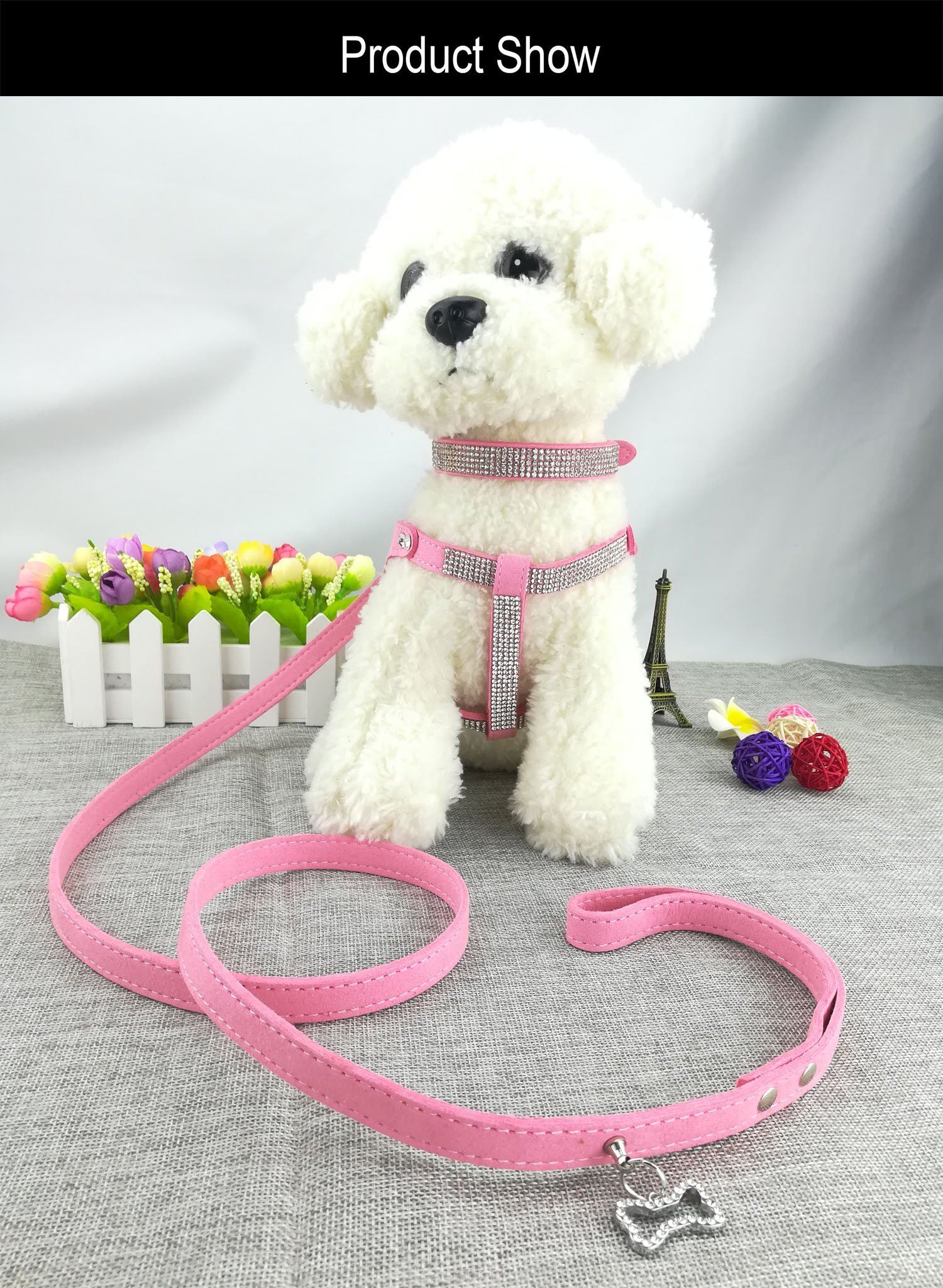 Premium Dog Collar & Harness Set with Leash - Sparkling Diamante Design, Soft & Comfortable for Small Dogs - Perfect for Walks, Training & Outdoor Adventures (Pink, Size S)
