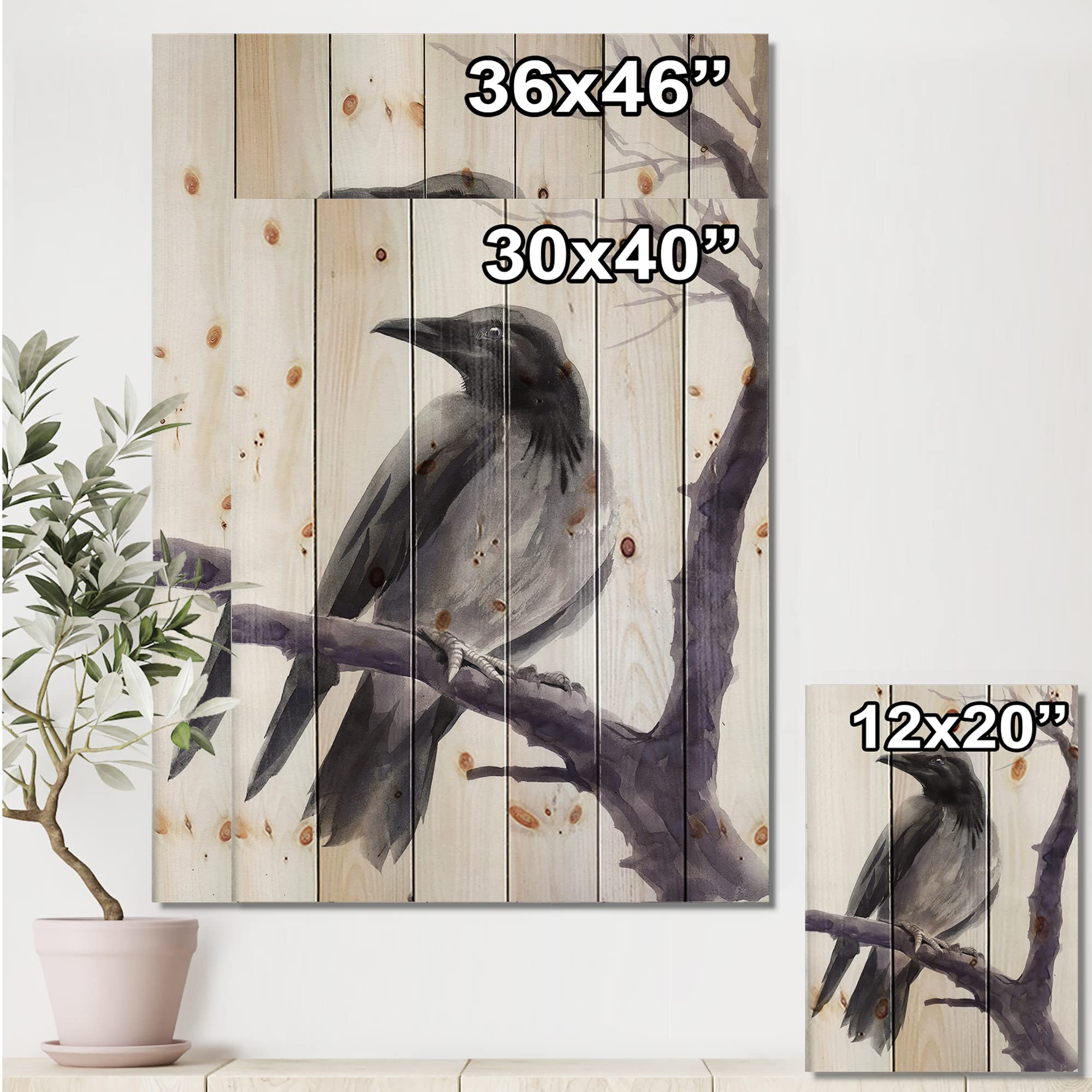 DesignQ Big Crow on Branch Traditional Wood Wall Art - Grey Large Animal Wall Decor, Natural Pine Wood Panel Print - Perfect for Living Room, Bedroom & Office Decor
