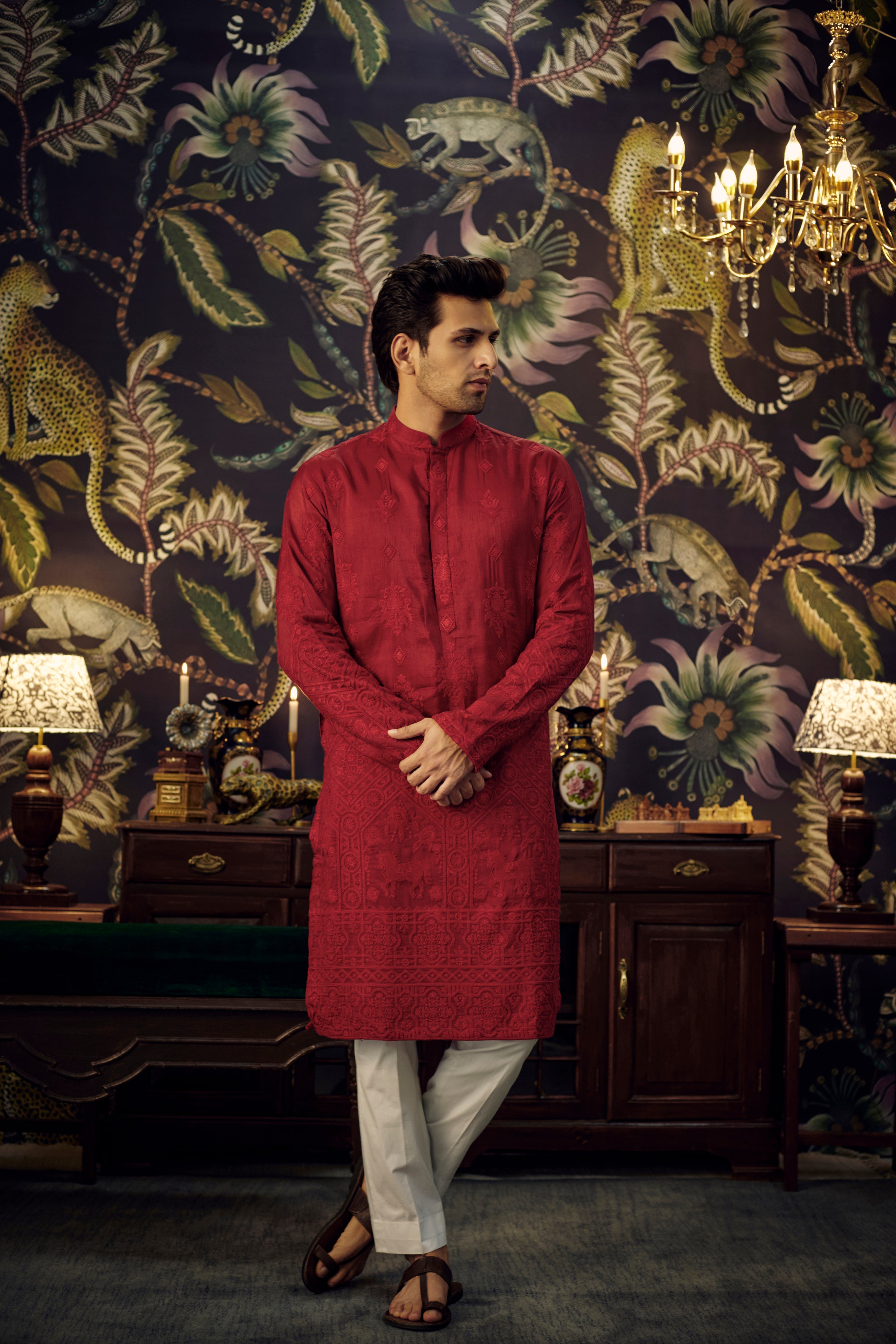 Elegant Maroon Chikankari Kurta with Intricate Embroidery - Perfect for Festivals, Weddings & Ethnic Occasions
