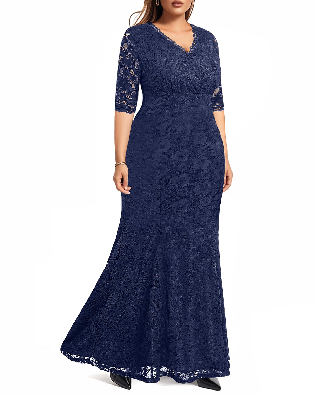 Plus Size Wedding Dresses for Bride - Elegant Mermaid Formal Evening Gown with Wrap Neck & Lace Details | Perfect for Beach Weddings, Vow Renewals & Special Occasions