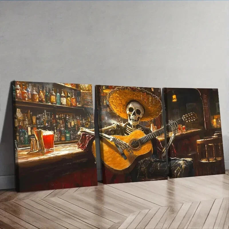 3-Piece Skeleton Playing Guitar in Bar Wall Art Set - 50x70cm Framed Canvas Prints | High Quality Australian Made | Ready to Hang | Perfect for Home Decor, Music Room & Man Cave