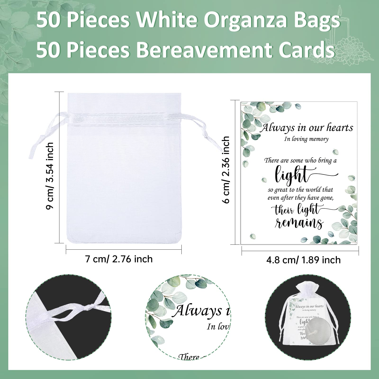 50-Pack Memorial White Unscented Tealight Candles with Condolence Cards & Organza Bags - Funeral Party Favors, Sympathy Gifts for Celebration of Life, Memorial Services & Home Decor