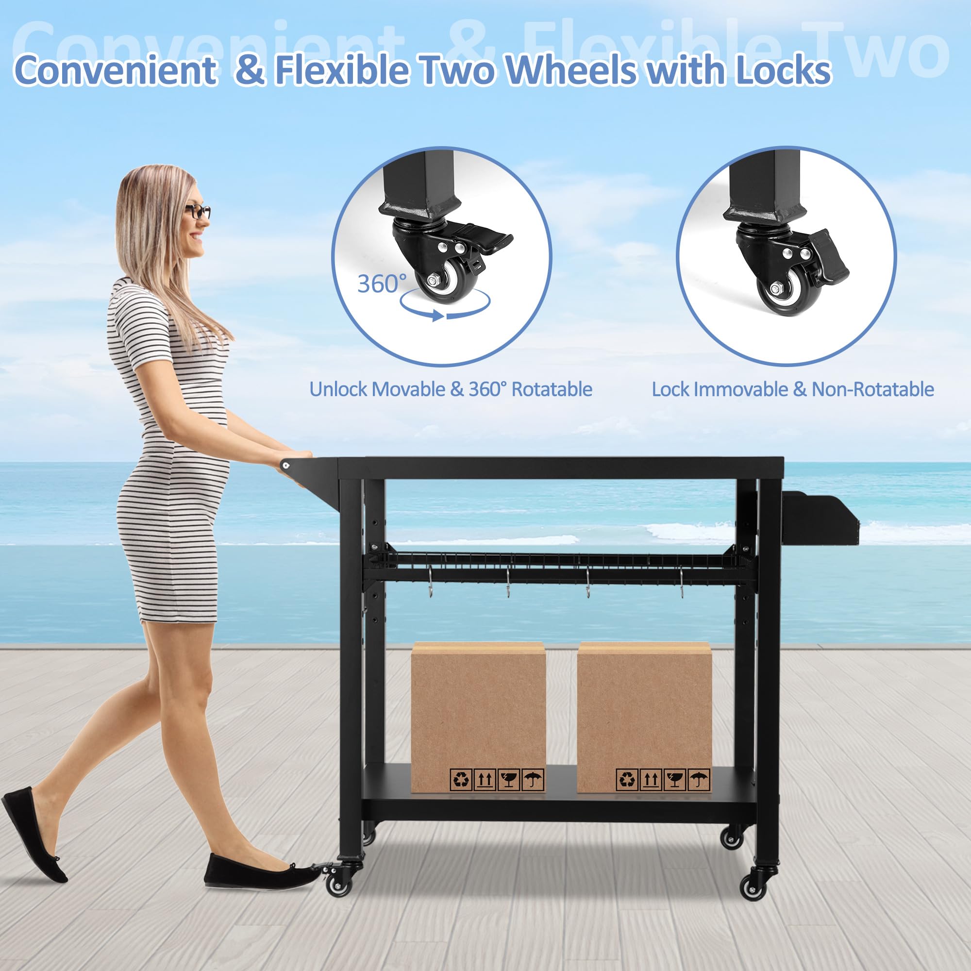 Spurgehom Grill Cart with Wheels - Outdoor Pizza Oven Stand & BBQ Prep Table | Portable Kitchen Cart with Mesh Racks for Patio, Backyard, Camping & Home Parties | Perfect for Outdoor Cooking, Dining & Entertaining