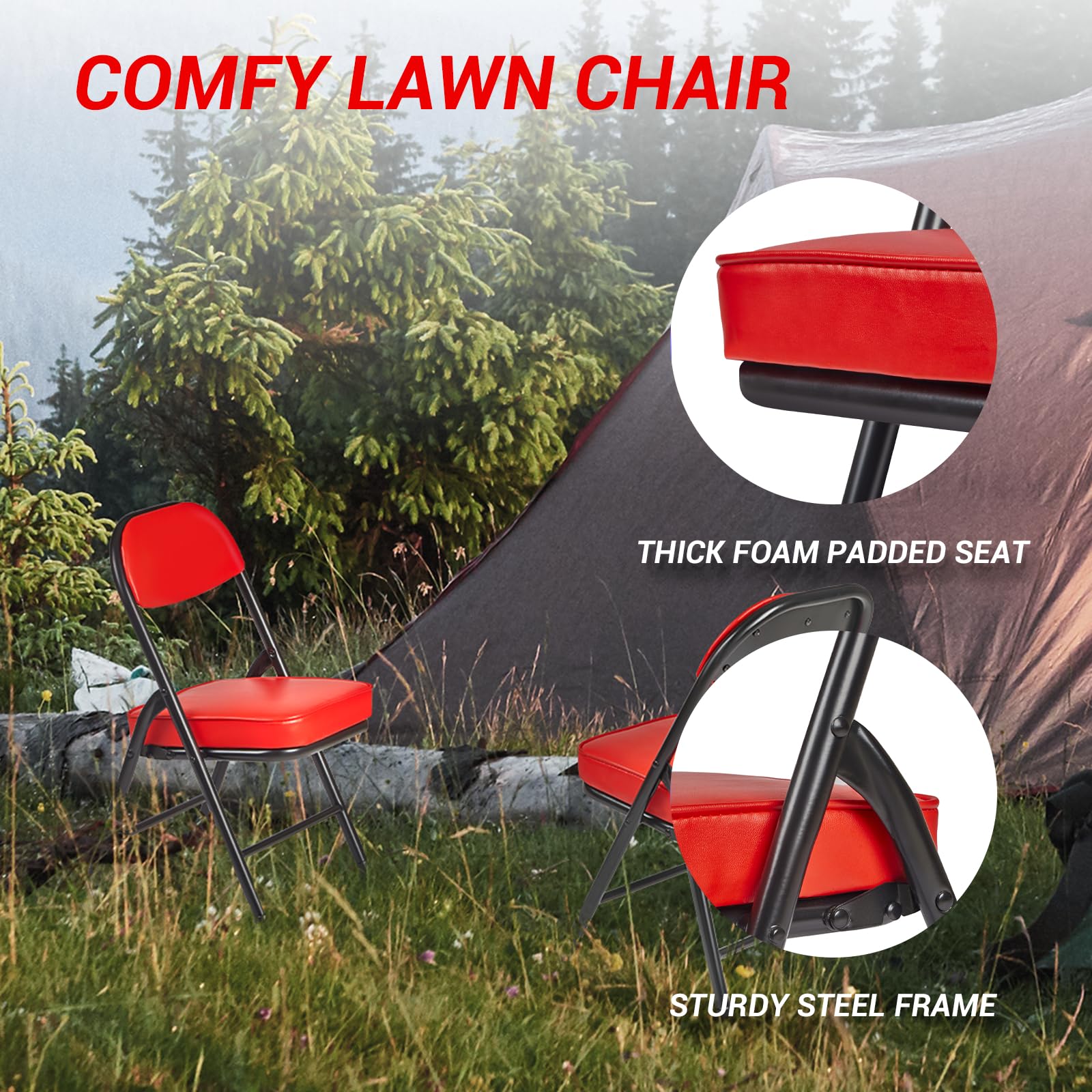 **Portable Folding Camping Chair with Cushion - Lightweight Mini Padded Stool for Outdoor, Patio, Beach, Picnic, Fishing & Hiking - Perfect for Camping, Backyard, Garage & Sports Events (Red)**