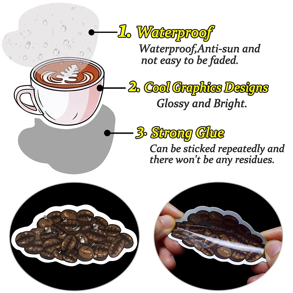 QTL Waterproof Coffee-Themed Vinyl Stickers - 50 Pack for Water Bottles, Laptops, Scrapbooking & DIY Crafts | Perfect for Coffee Lovers, Office Decor & Gift Giving