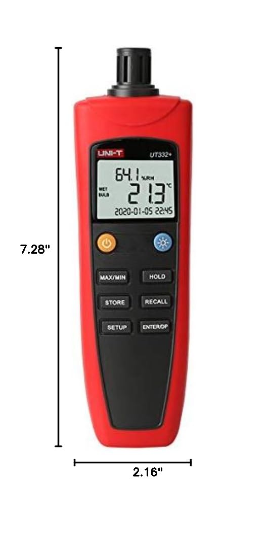 UNI-T UT332+ High Precision Digital Thermometer Hygrometer with Dew Point Measurement -20°C to 70°C, 0-100% RH, °C/°F Switchable, MAX/MIN Recording, USB Data Logger - Ideal for HVAC, Food Storage, Laboratories & Industrial Use