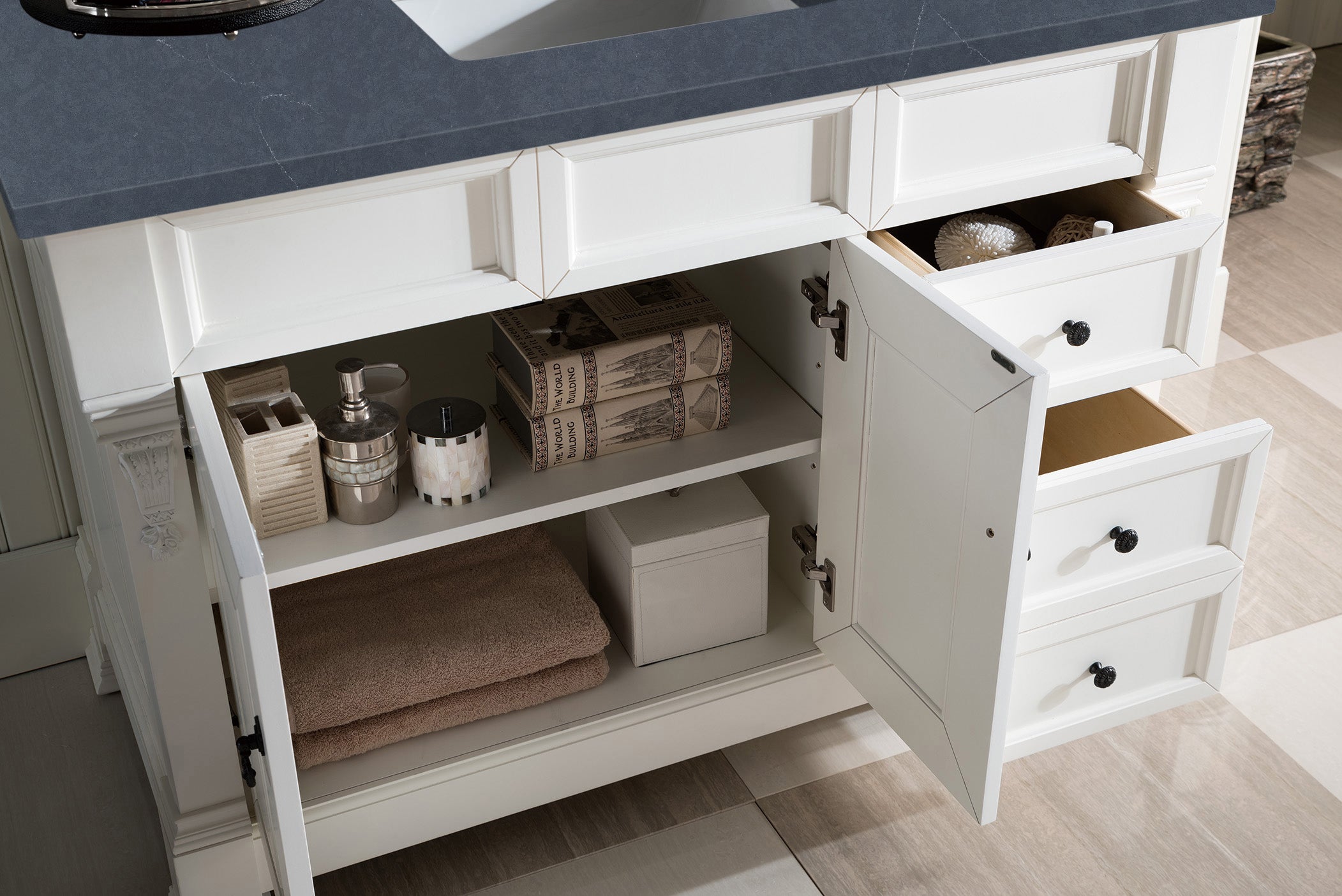 Brookfield 48 Inch Single Bathroom Vanity with Bright White Finish & 3CM Charcoal Soapstone Quartz Countertop - Perfect for Modern Master Bath or Guest Bathroom Renovation