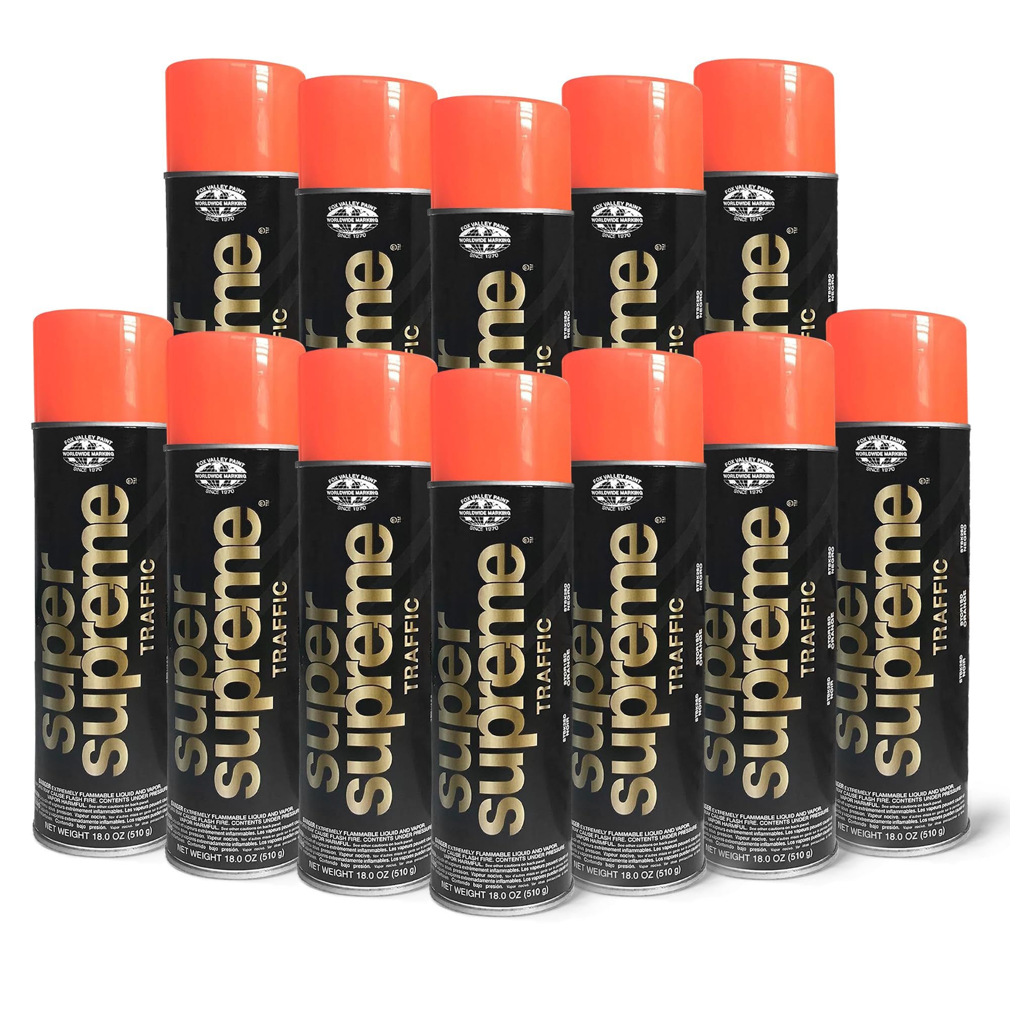 Fox Valley Super Supreme Traffic Spray Paint - 18 oz (Pack of 12), Orange - High-Performance Road Marking Paint for Parking Lots, Sidewalks, Warehouses & Factory Floors - Quick-Drying, Easy to Use for Professional & DIY Projects - Perfect for Safety Markings, Traffic Lines & Floor Organization