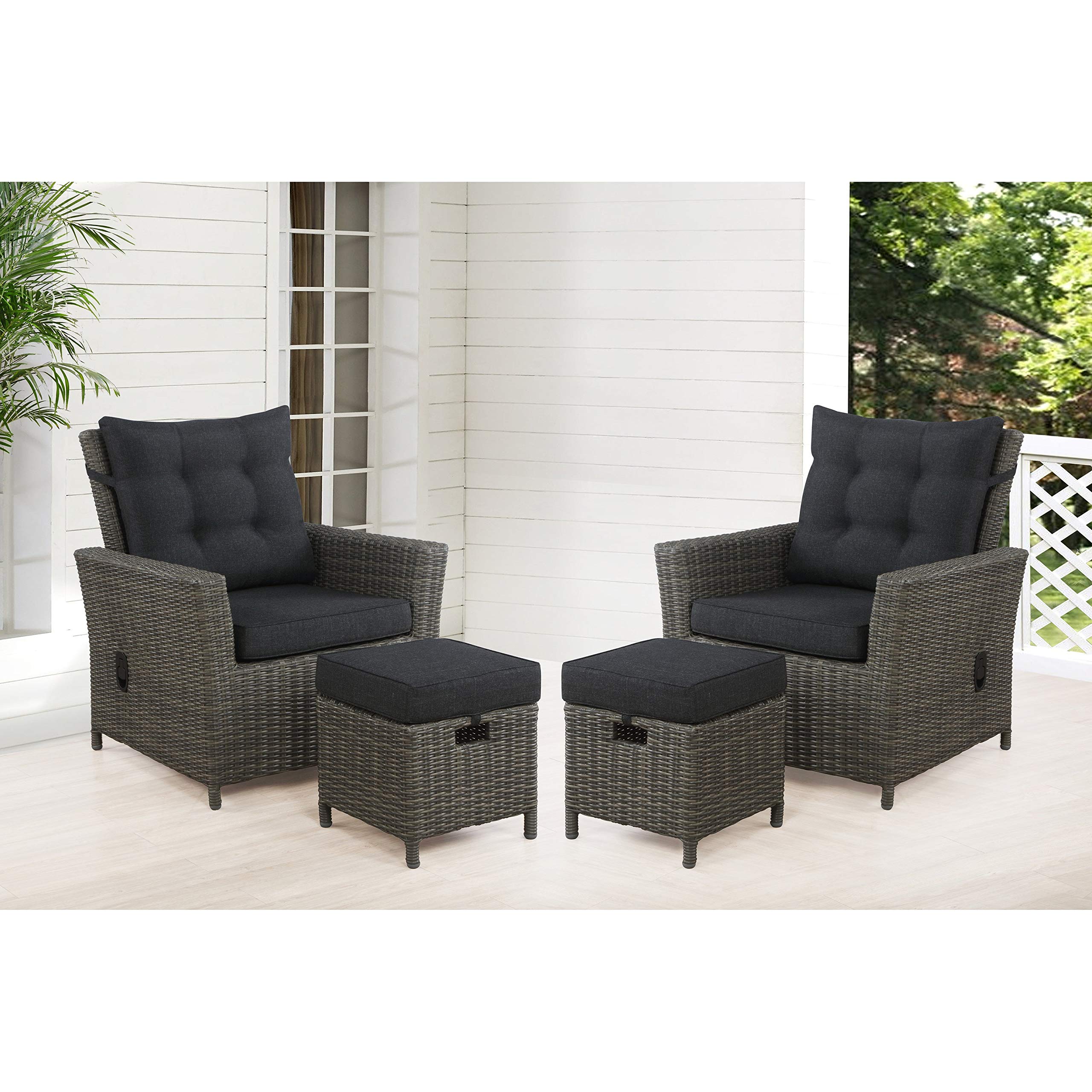 All-Weather Wicker 4-Piece Outdoor Patio Set with 2 Reclining Chairs & Ottomans - Grey - Perfect for Backyard, Poolside & Garden Relaxation