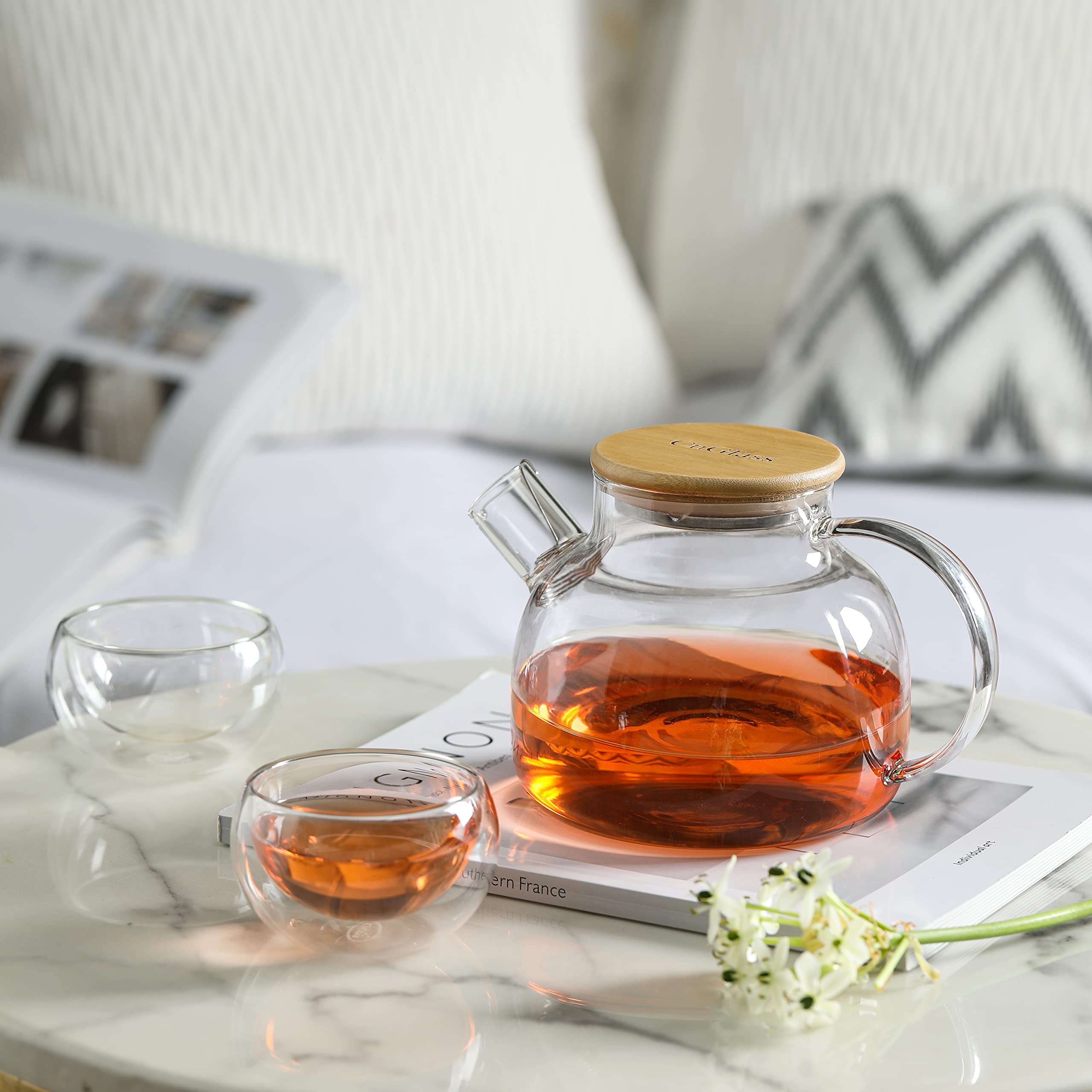 Premium Glass Teapot with Removable Filter - 30.4oz Stovetop Safe Clear Teapot for Loose Leaf & Blooming Tea - Perfect for Home, Office & Tea Ceremonies