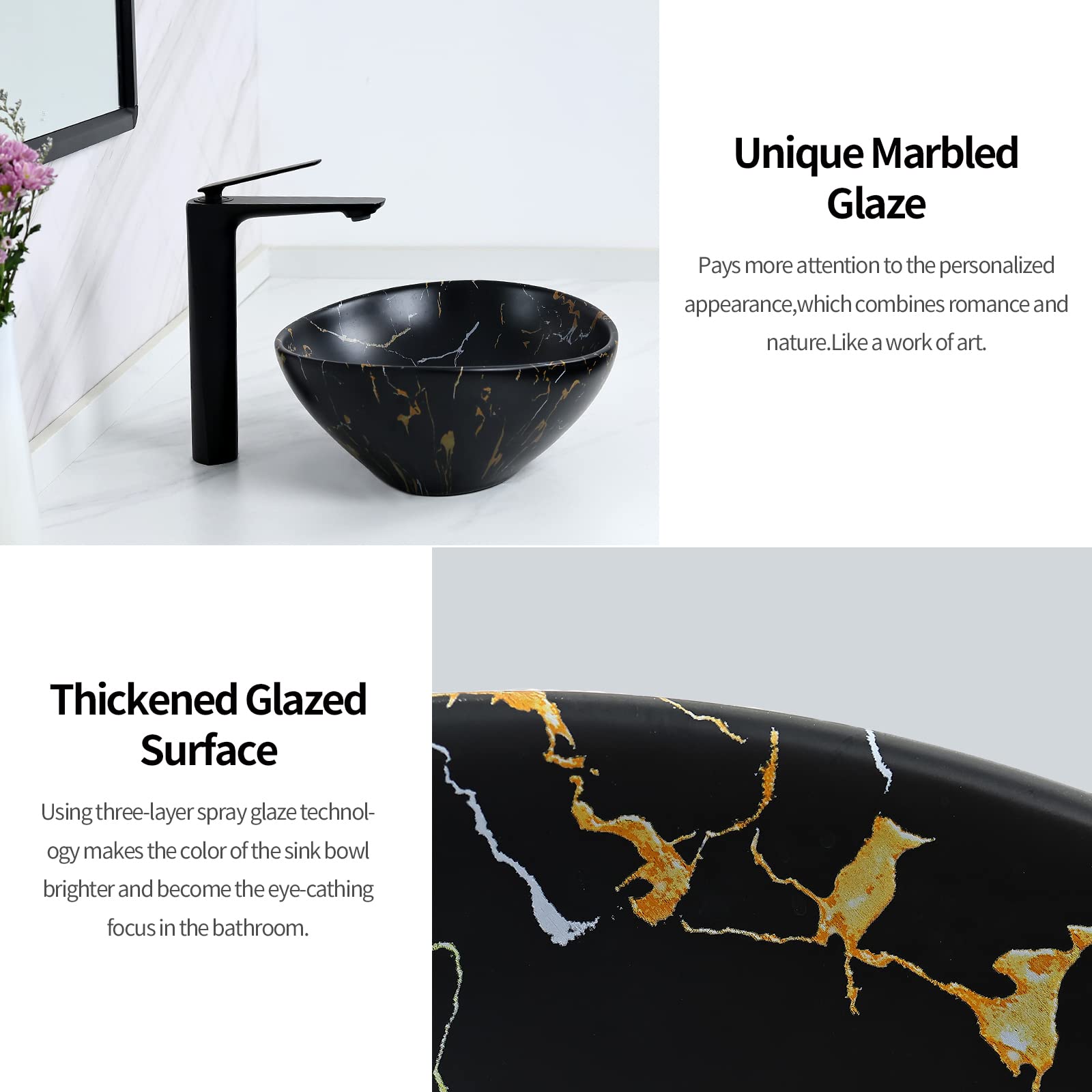 Davivy 16'' Matte Black Oval Vessel Sink - Ceramic Countertop Bathroom Sink for Modern Vanities