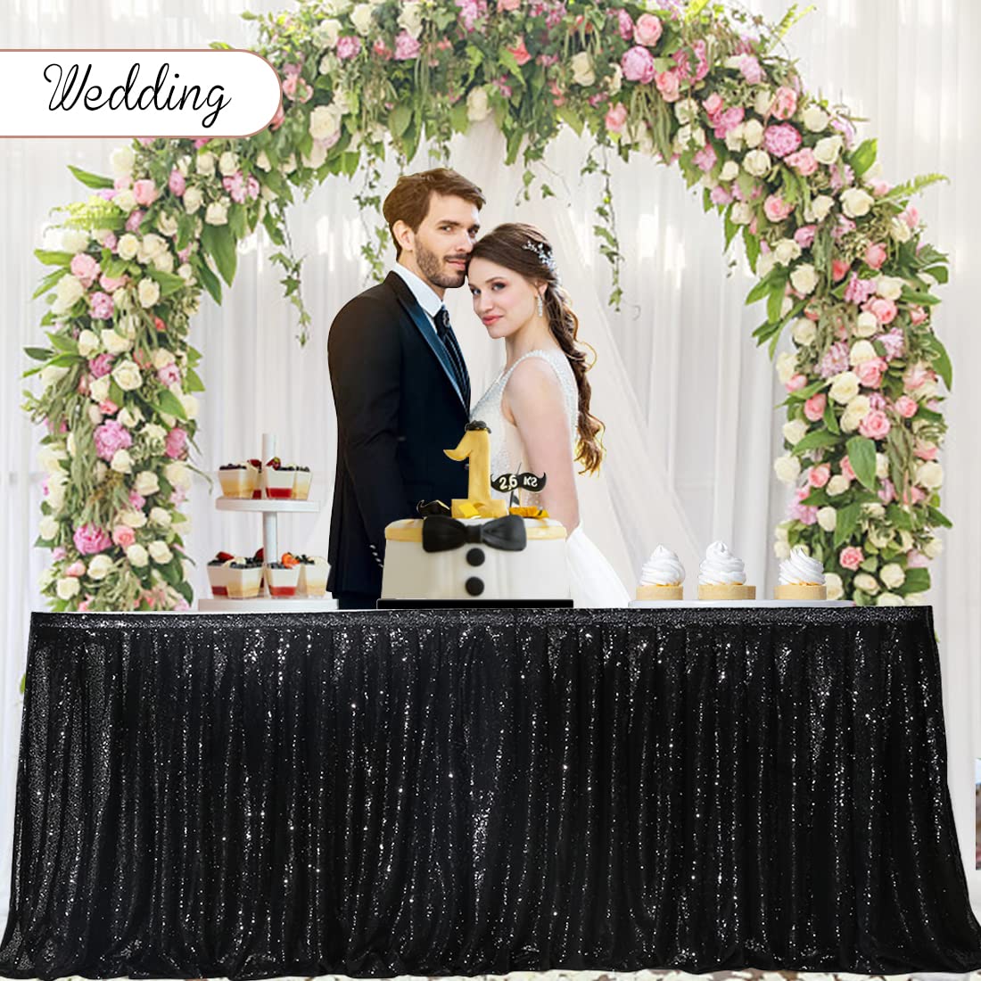 Poise3EHome 14ft Sequin Table Skirt - Elegant Black Party Table Cover for Rectangle, Round & Square Tables - Perfect for Wedding, Birthday, Christmas & Holiday Decorations - Enhance Your Event with Sparkling Glamour