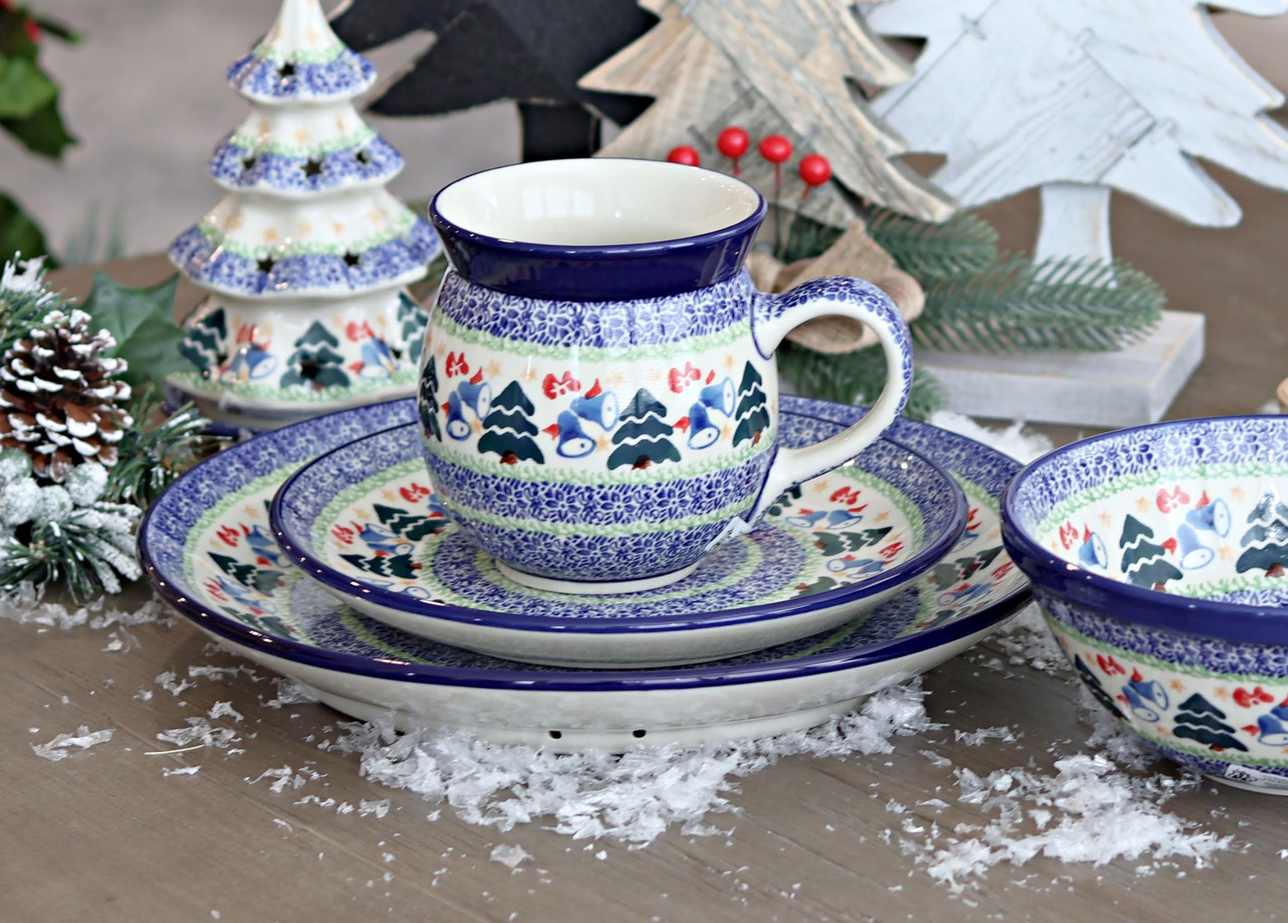 Handmade Blue Rose Polish Pottery Winter Bells Bubble Mug - 16oz Ceramic Coffee Cup with Lid - Perfect for Hot Chocolate, Tea & Holiday Gifts (Christmas, Valentine's Day) - Cozy Home & Office Use