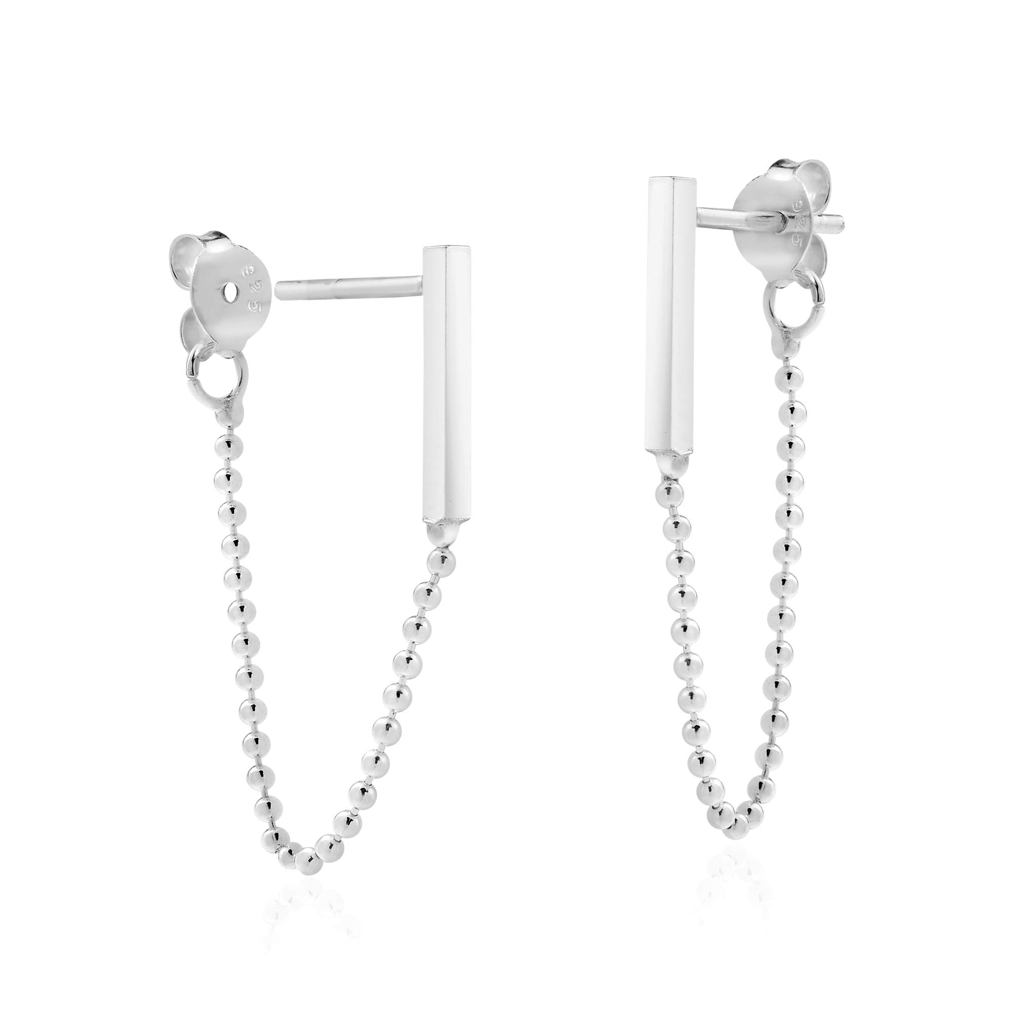 AeraVida Modern Bar on a Chain Front to Back Sterling Silver Stud Earrings for Women | Dainty Minimalist Bar Stud Earrings | Hypoallergenic 925 Silver Jewelry | Perfect Gift for Daughter, Wife, or Girlfriend | Everyday Wear, Office, Date Night, and Special Occasions