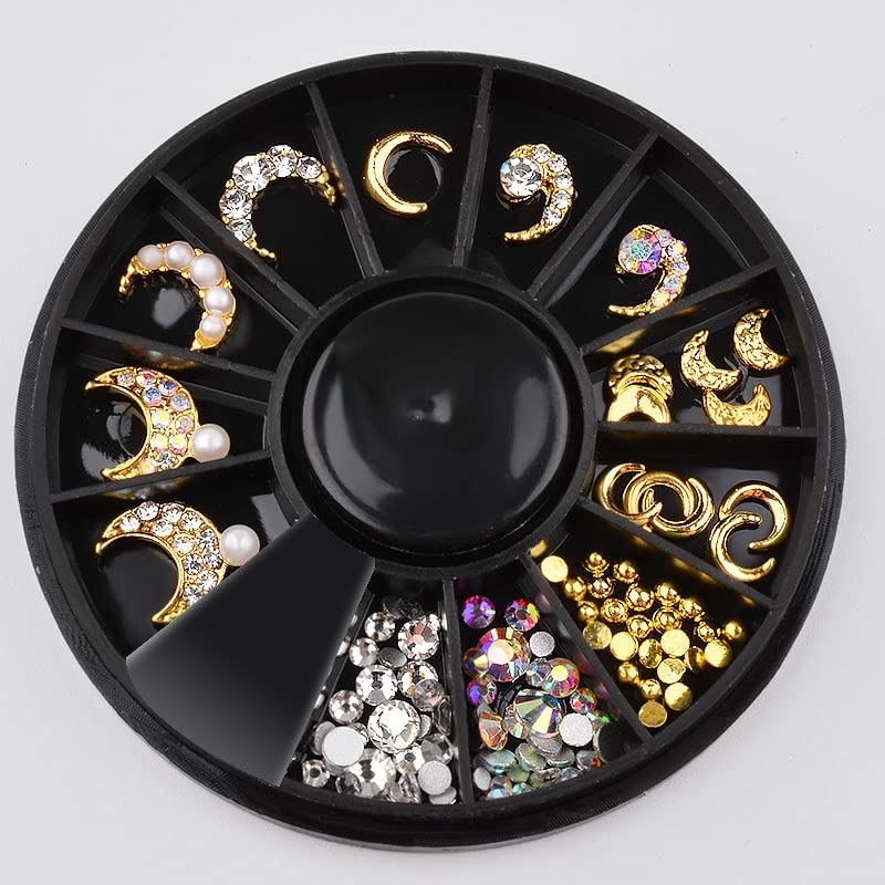 Moon Shaped Metal Nail Charms with Rhinestones & Pearls - Elegant Nail Art Decorations for DIY Manicure, Bridal Nails, and Special Occasions