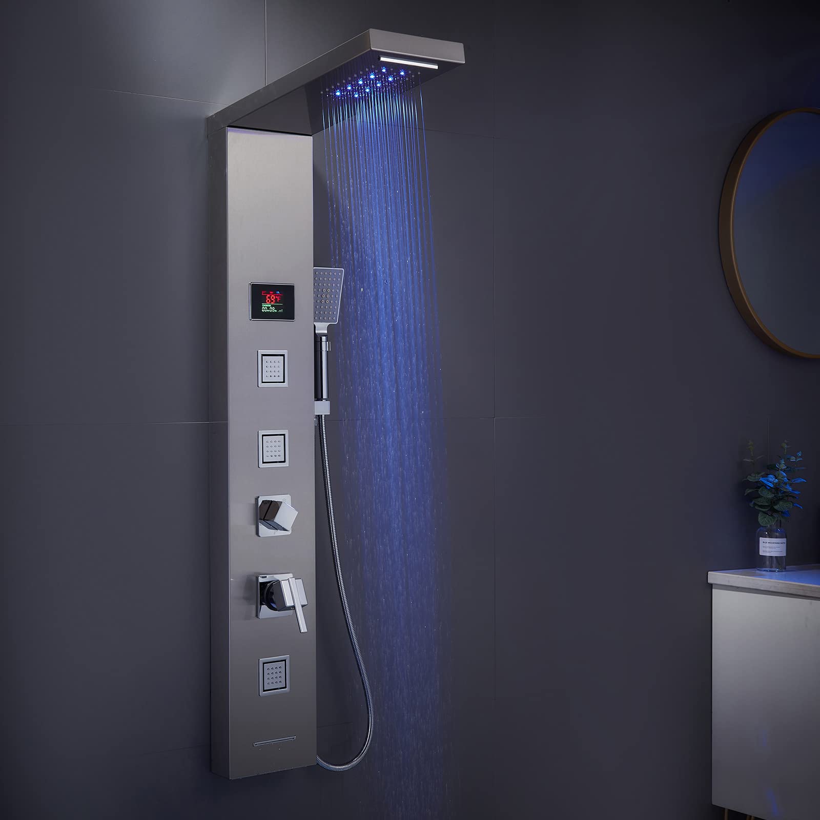 MENATT LED Shower Panel - 5-in-1 Shower Tower System with Rainfall Shower Head, Waterfall Spray, Massage Jets, Tub Spout & Handheld Shower - Brushed Nickel Finish for Luxurious Bathroom Upgrade - Perfect for Modern Homes, Spa-Like Experience & Water Therapy