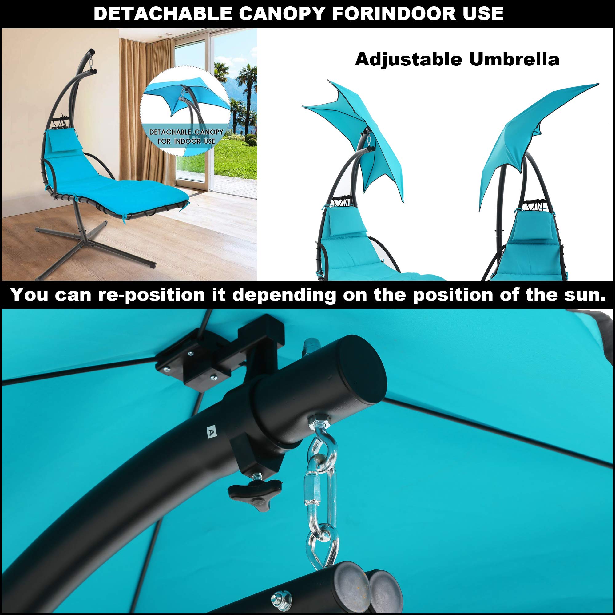 Premium Hanging Chaise Lounge Chair with Canopy - Adjustable Umbrella, Floating Hammock Swing for Indoor & Outdoor Use - Perfect for Patio, Garden, Poolside Relaxation and Napping - Blue