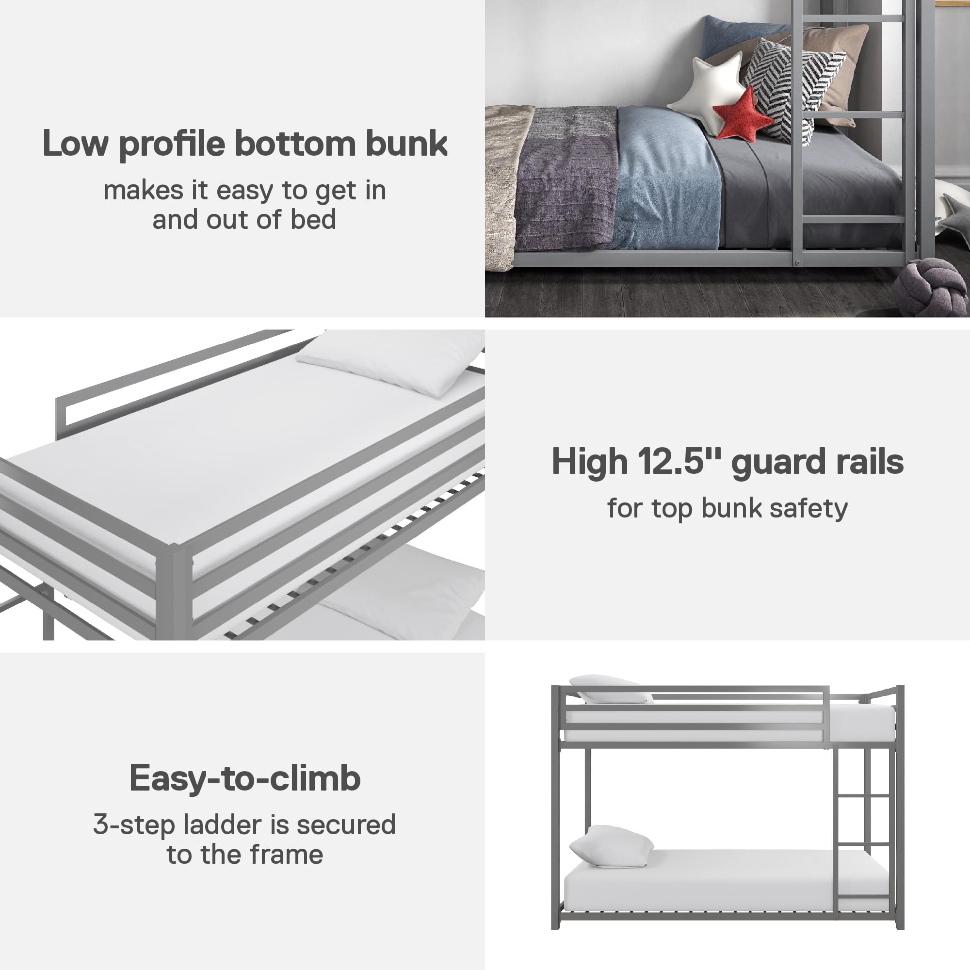 DHP Miles Low Metal Bunk Bed Frame for Kids - Twin Over Twin with Built-in Ladder & High Guardrail | Sturdy Metal Slats, No Box Spring Needed | Space-Saving Design for Small Rooms | Perfect for Kids' Bedrooms, Dormitories & Shared Spaces (Silver)
