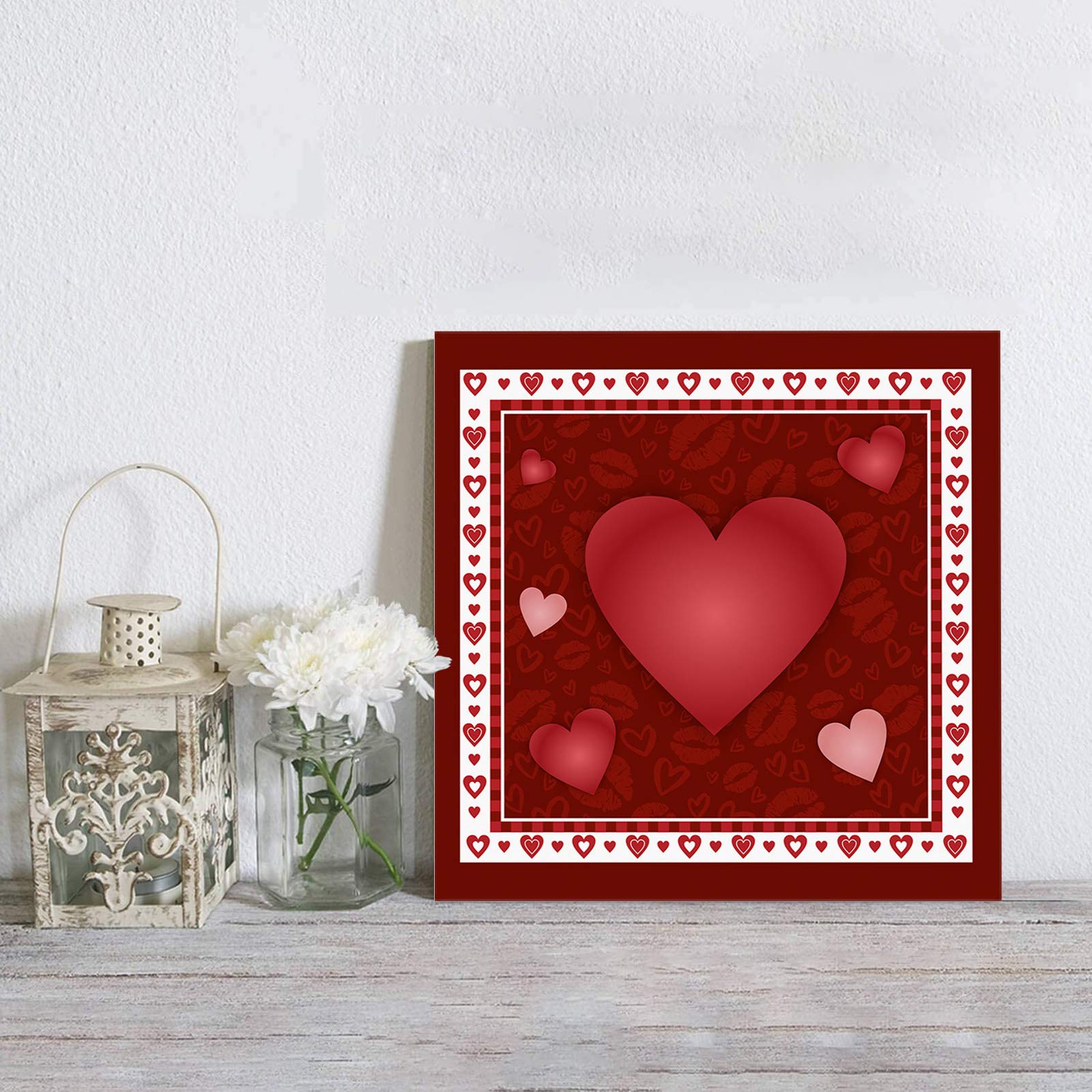 Savannan Valentine's Day Heart Lip Print Canvas Wall Art - 28x28 Inch Burgundy Framed Oil Painting with White Border - Romantic Home Decor for Living Room, Bedroom & Office - Perfect Gift for Couples & Anniversary